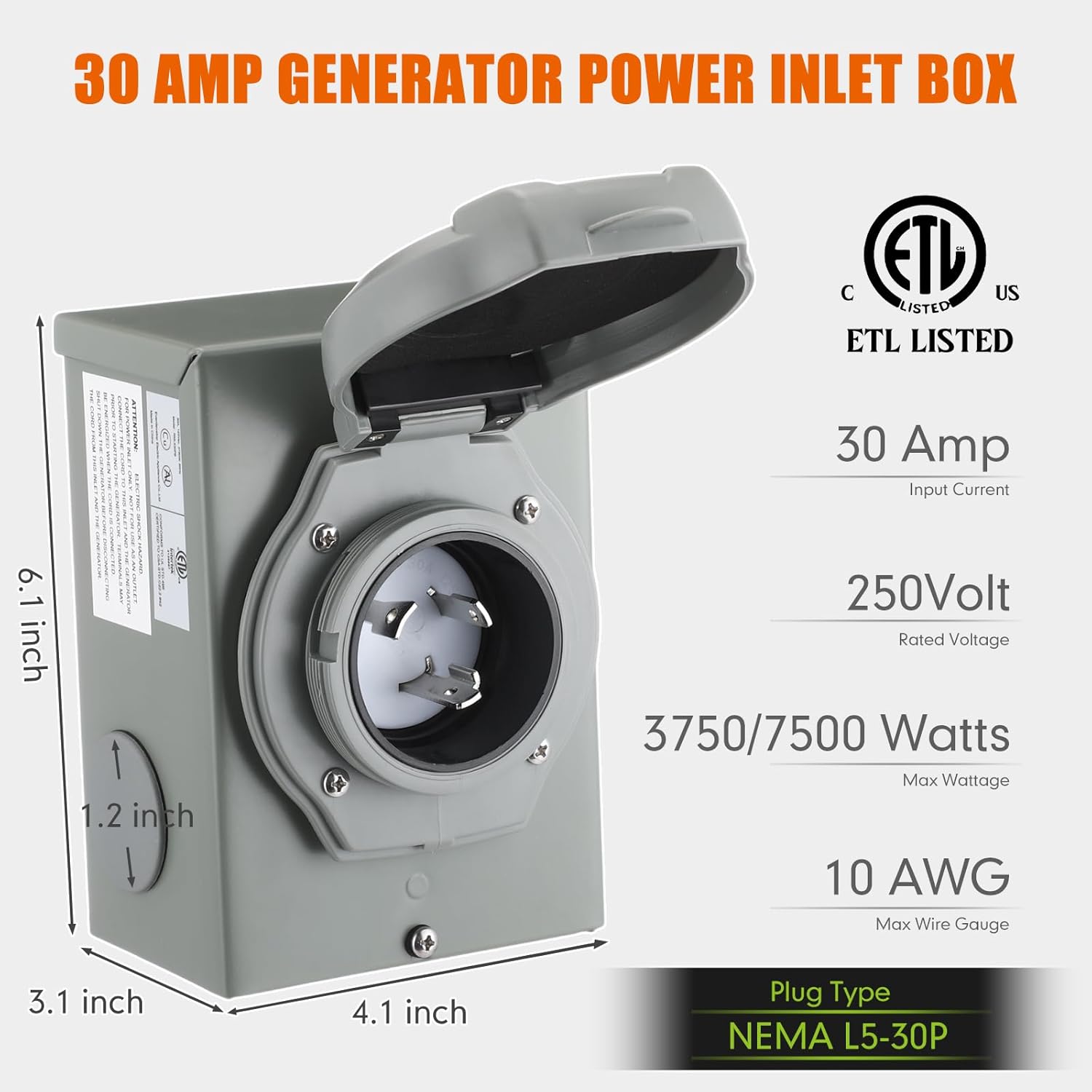 Kanayu 15FT 30 Amp RV Generator Cord and Power Inlet Box Compatible with NEMA TT-30P to L5-30R Lock Generator Extension Cord with LED Indicator Pre-Drilled L5-30P Inlet Box, ETL Listed