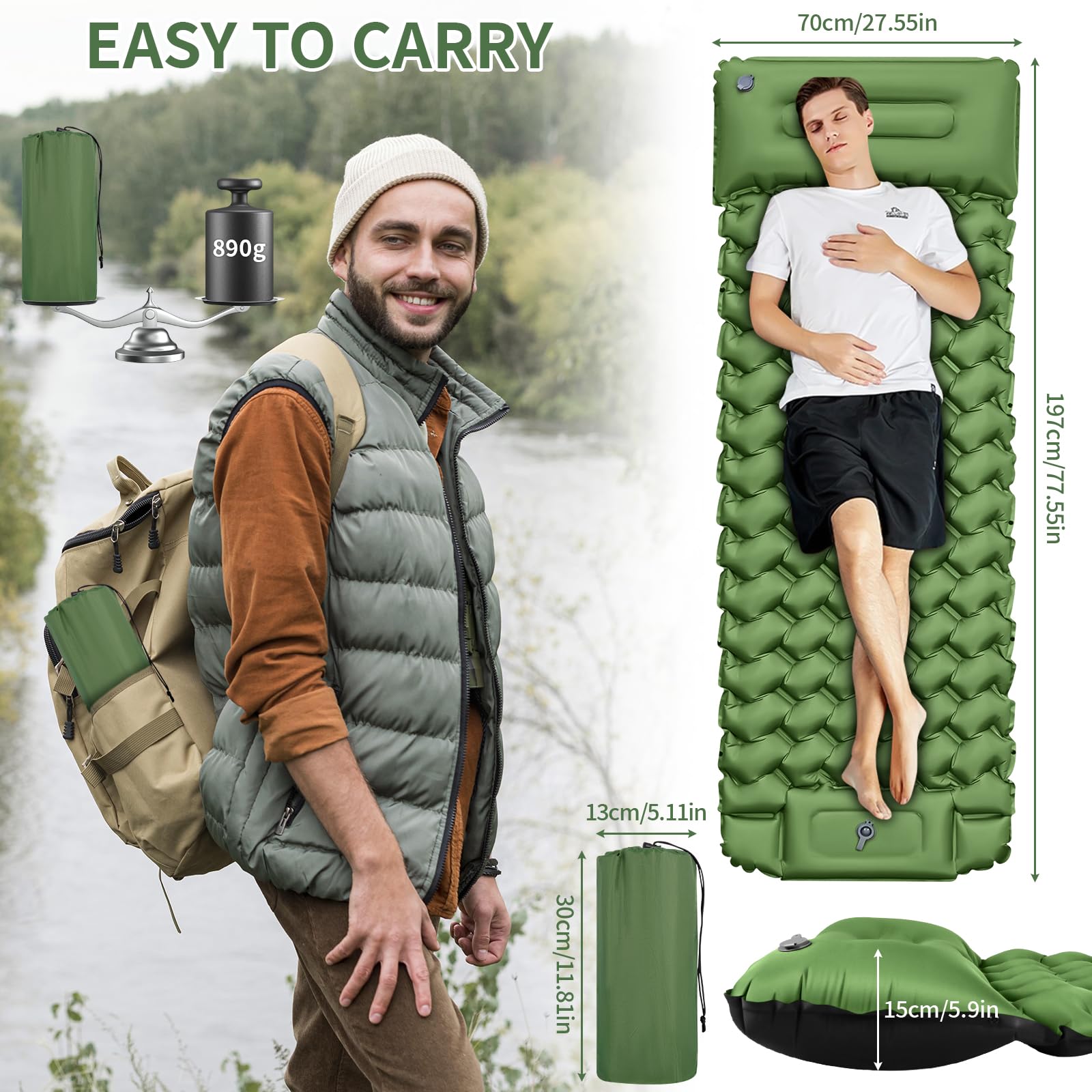 Cirulli Matelas Camping Ultraléger Avec Oreiller Intégré Et Pompe à Pied - Matelas Gonflable 1 Place