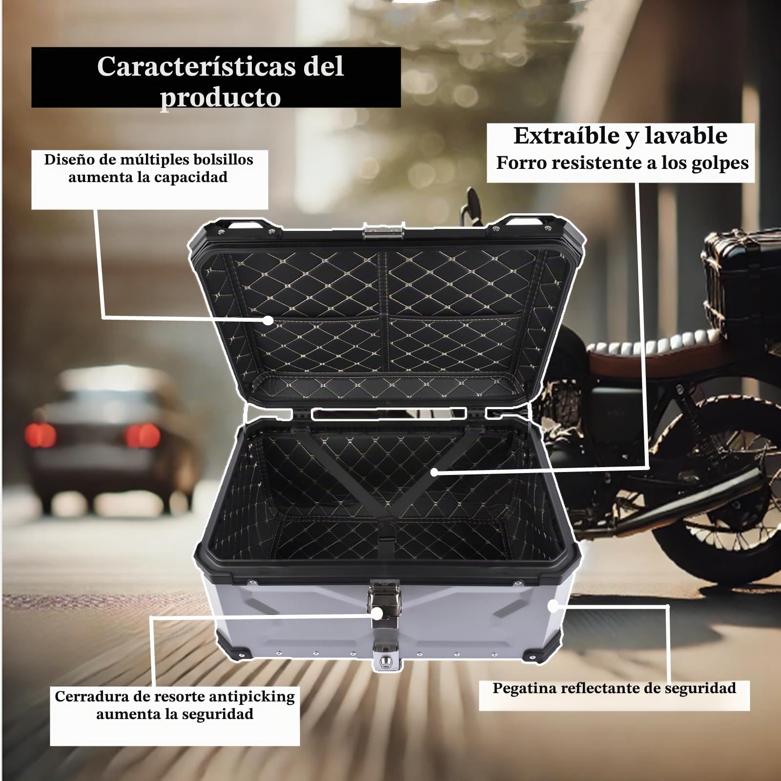 Plata 65L Maletín Superior para Moto, Maletín Universal de Aluminio Impermeable con Cierre de Seguridad para Guardar el Casco