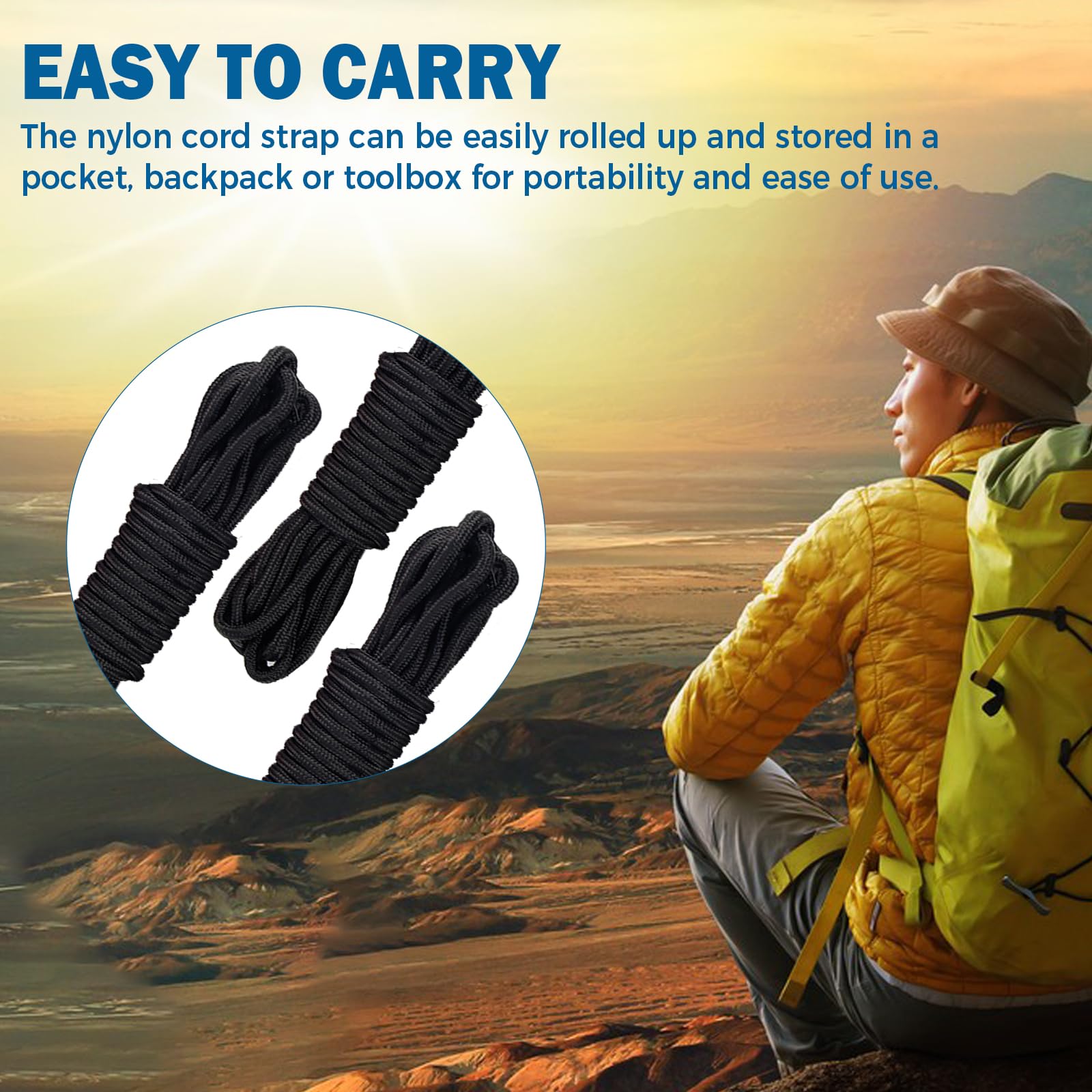 3 Corde en Nylon, 10M Corde de Rappel, Noir Polypropylène Corde, Corde de Flottaison, Corde d'ancrage avec 6 Boucles d'alpinisme, Brins en Nylon Corde Multifonction pour Camping Extérieur DIY