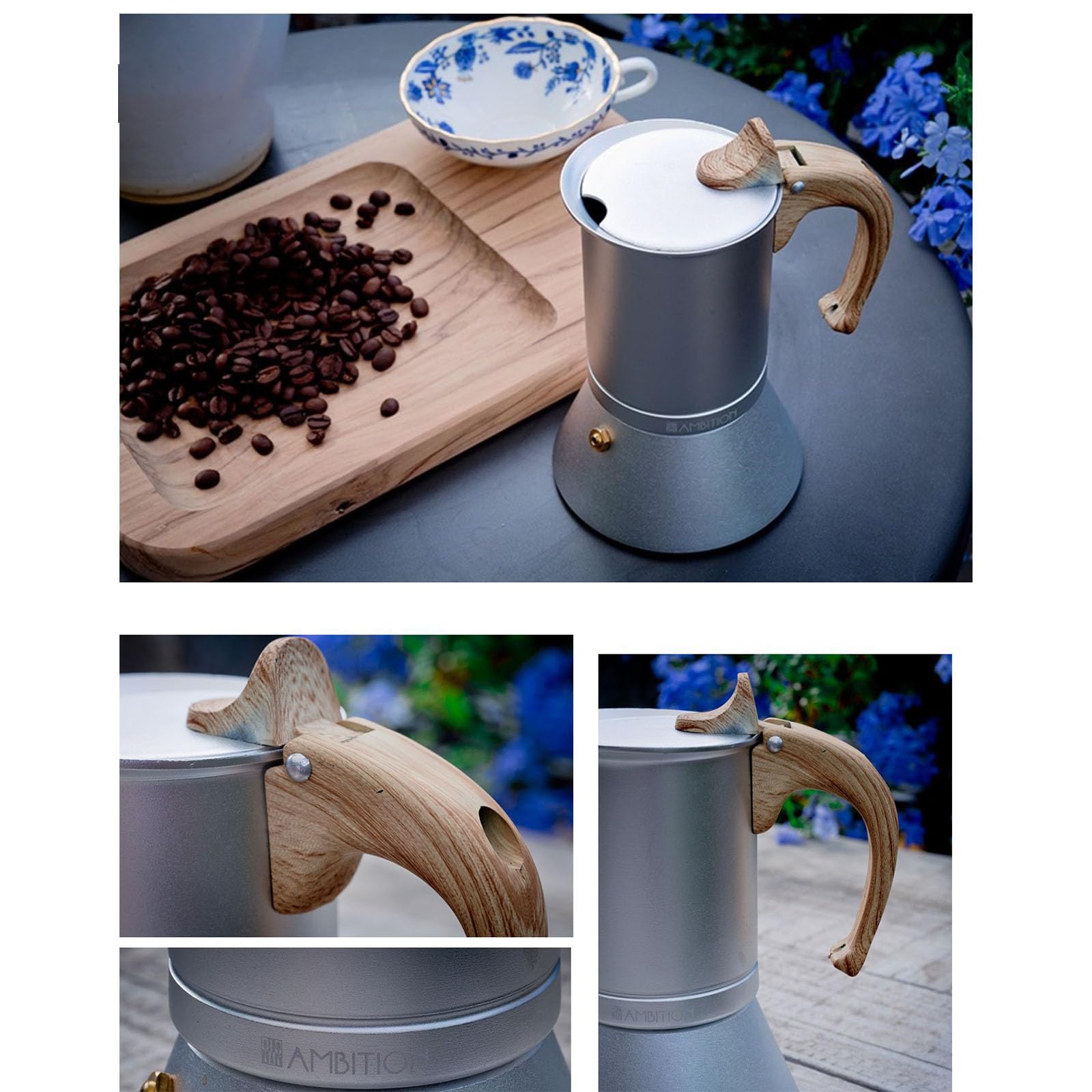 Caffettiere portatili con capacità di 3 tazze Base in lega di alluminio Caffettiera con manico in legno Moka Pot Stovetop Espresso Maker