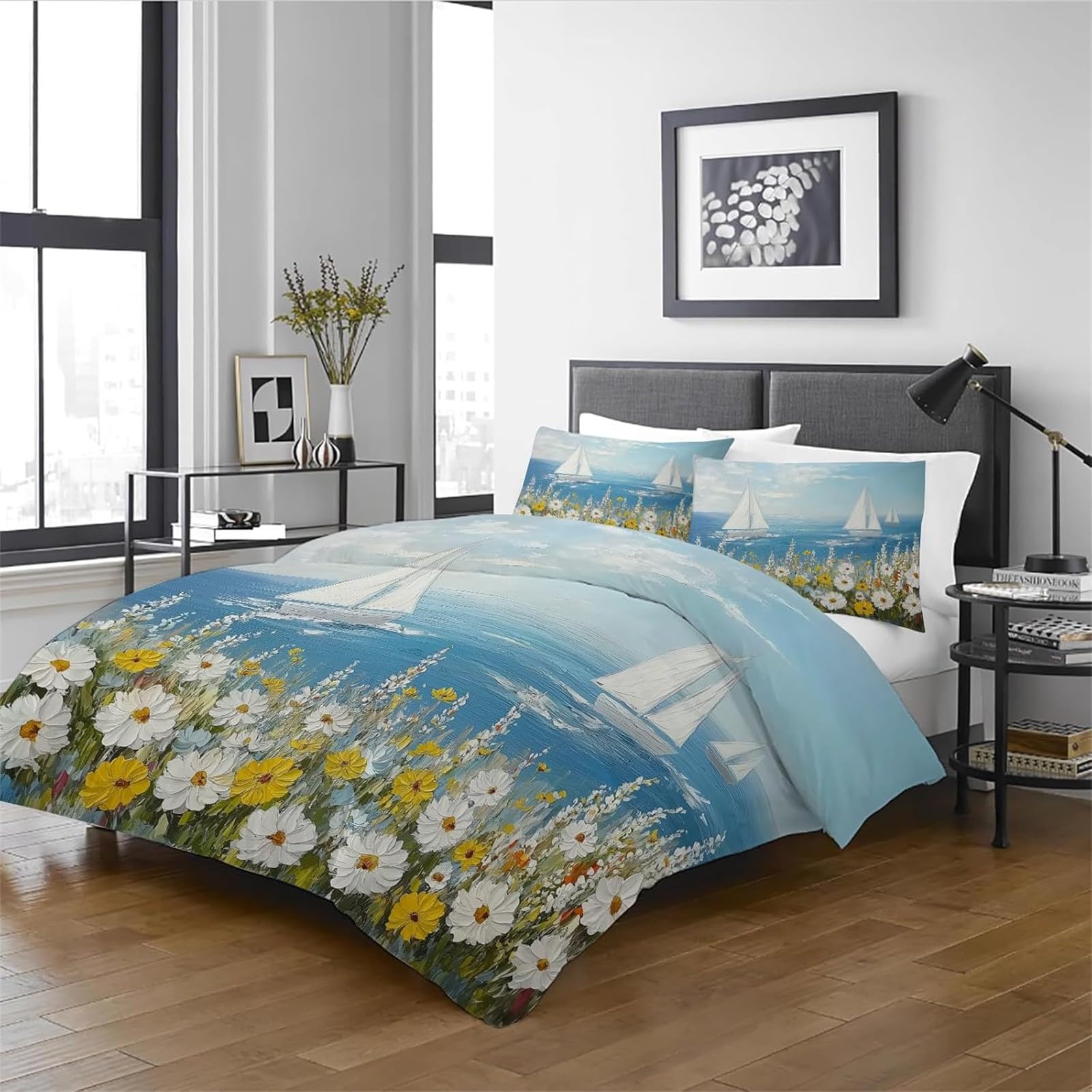 Housse de couette 220x240 fleurs sauvages en microfibre avec 2 taies d'oreiller