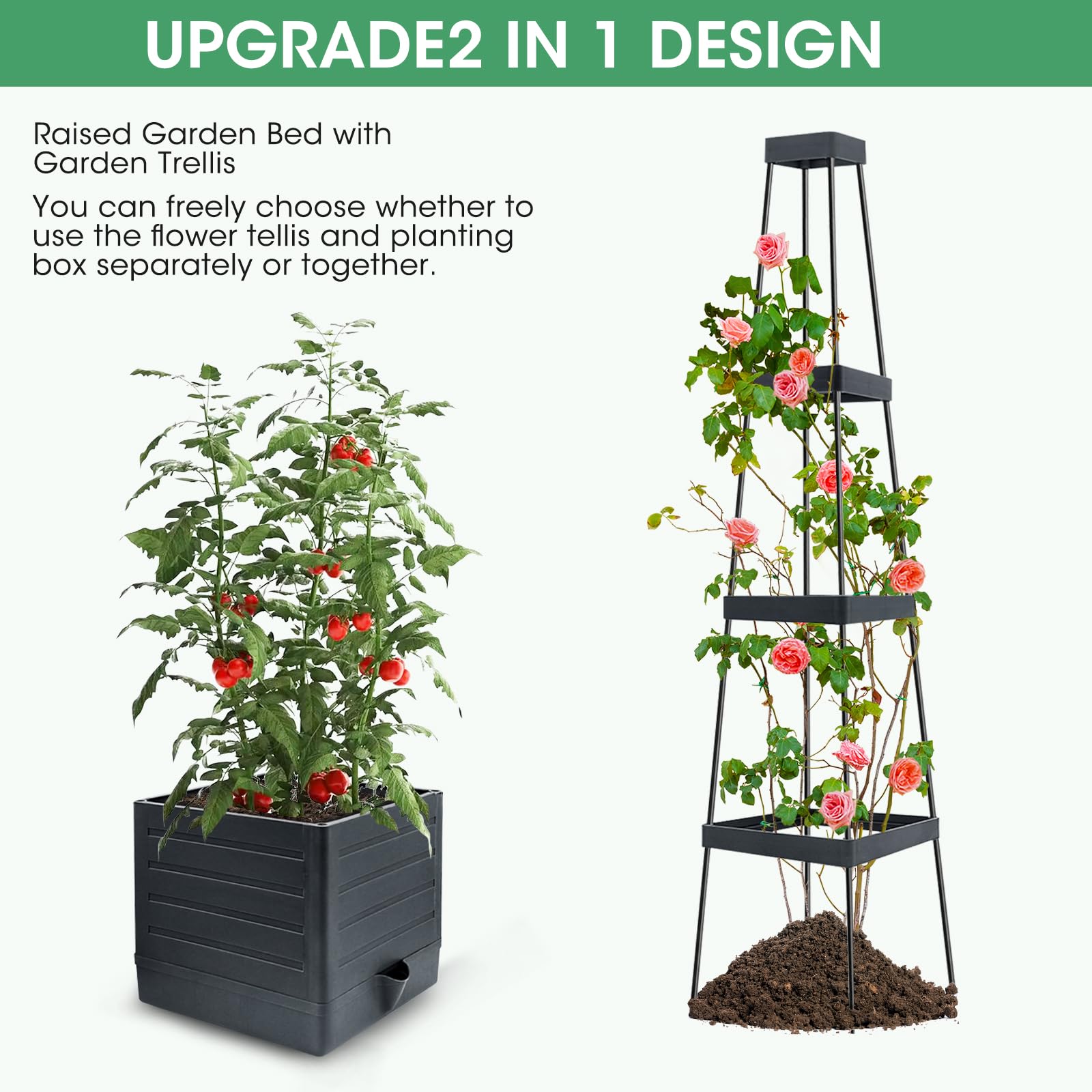 MQUPIN 2 pezzi Fioriera rialzata da giardino con traliccio,145cm fioriera a gabbia per pomodori, aiuolarialzata con traliccio, per rampicanti, verdure piante, auto-irrigante