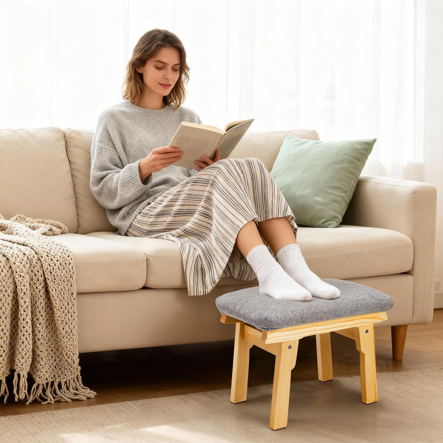 Lawei Small Foot Stool Ottoman, 11 Inch Soft Fabric Foot Rest for Under Desk, Tea Seat Stool with Wood Legs and Padded, Rectangular Footstool for for Sofa Living Room Bedroom Entryway, Easy Assembly - Image 7