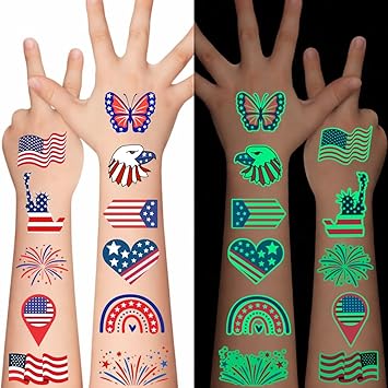 4th of July Temporary Tattoos Luminous 4th of July Decorations Favors Party Supplies Accessories American USA Independence Day Memorial Labor Day Fourth of July Red White Blue Glow in Dark Patriotic