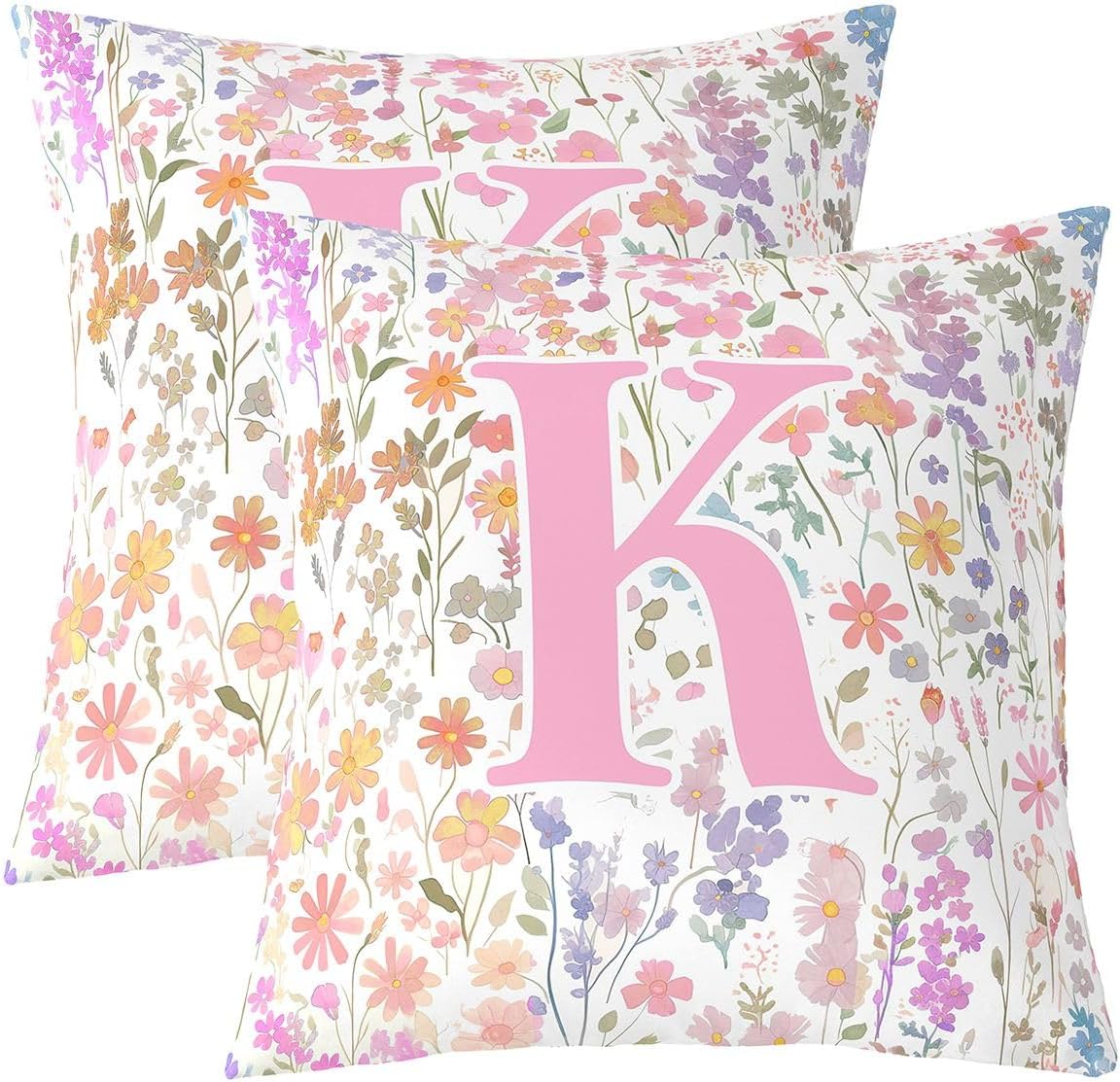 Erosebridal Pack of 2 Cute Boho Floral Colorful Throw Pillow Covers - Spring Flower Monogrammed K Pillow Cases for Girls Kids, Girly Pink Wildflower Cushion Covers 16x16, Farmhouse Pillowcases