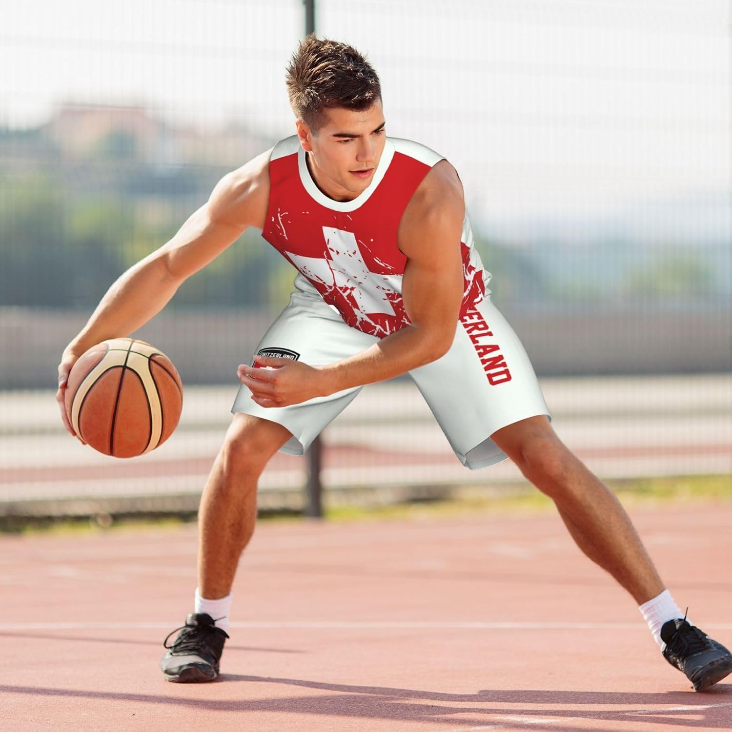 Switzerland Flag Grain Basketball Jersey Uniform Suit for Men Adults Training Athletic Set