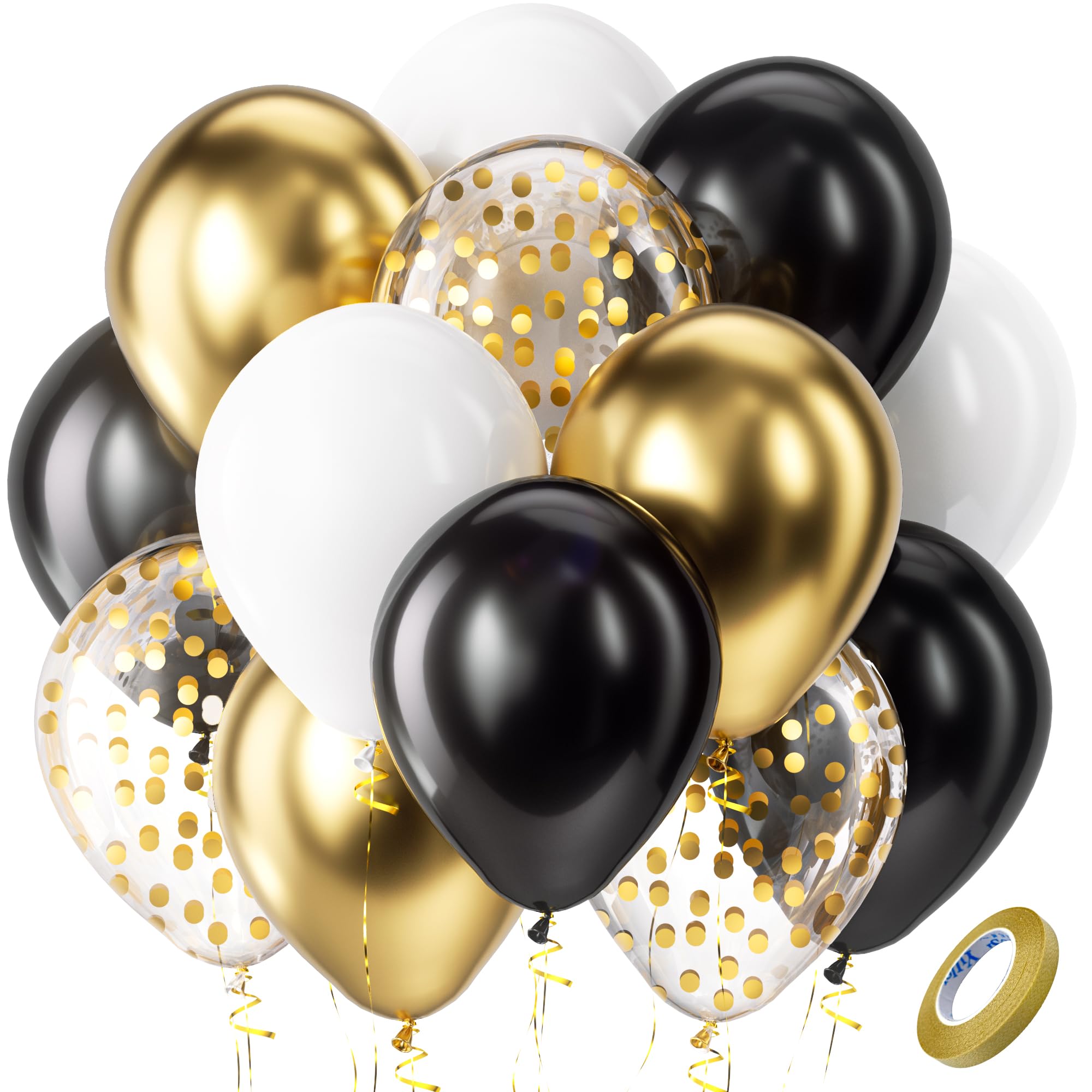 Bezente Black and Gold Confetti Balloons,60pcs 12 inch Black White and Gold Metallic Latex Party Balloons Set with Gold Ribbon for Birthday,Wedding,Baby Shower,Gold Theme Party Graduation Decorations