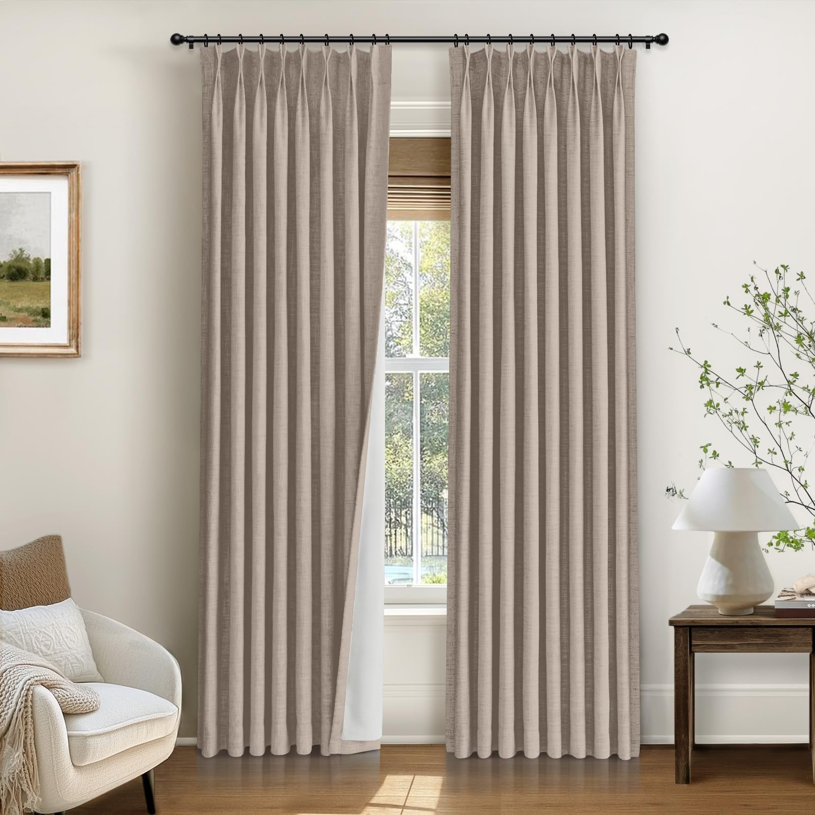 INOVADAY 100% Blackout Curtains for Bedroom, Pinch Pleated Linen Blackout Curtains 96 Inch Length 2 Panels Set, Thermal Room Darkening Linen Curtain Drapes for Living Room, W40 x L96, Dark Flax