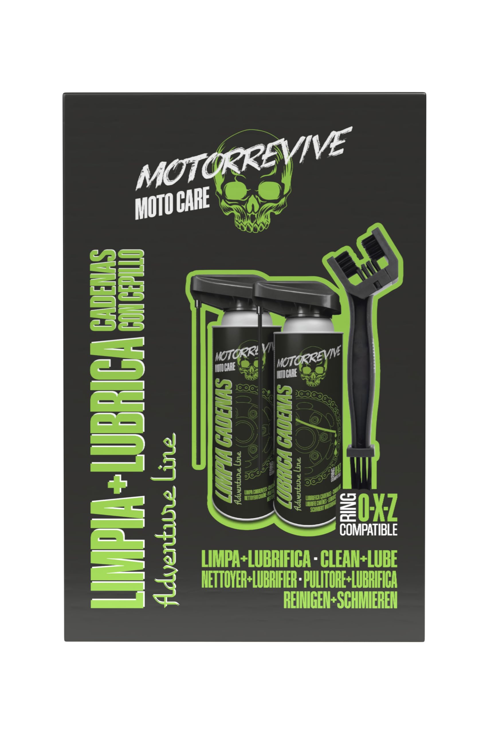 Pack Adventure Line con Limpiador, Lubricante y Cepillo para Cadenas de Moto Off-Road 380 + 380 ml | Mantenimiento Completo para Motocross, Enduro y Rutas Todo Terreno