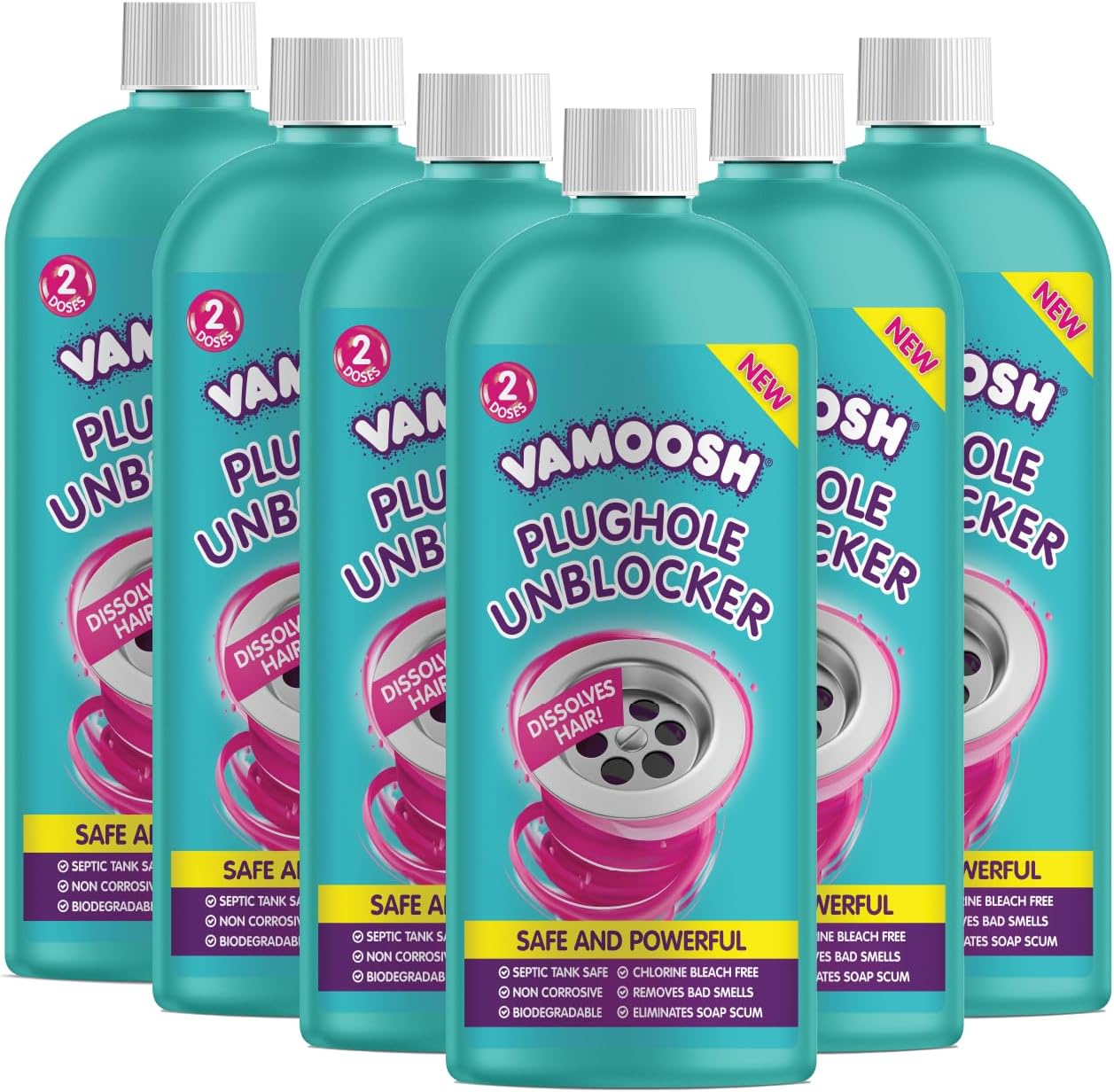Vamoosh Drain Clog Remover – Dissolves Hair, Bleach-Free Shower & Sink Drain Cleaner, Septic Tank Safe, Fast-Acting, Safe & Powerful - 12 Doses (6 x 20 fl oz)