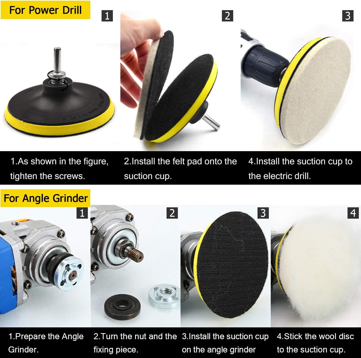 5 Inch Buffing Wool Pads 8PCS Kits, Felt Polishing Pad Buffing Wheel for Drill Woolen Wax Pad and Hook & Loop Backing Plate with 8mm M14 Drill Adapter for Car & Boat Polishing, Waxing, Sealing, Glaze : Automotive
