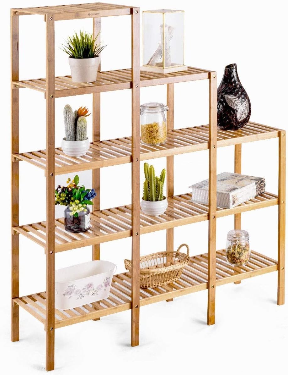 (Series 3) Shelf Bookcase Multifunctional Plant Flower Stand Display Storage Rack, Bamboo Color
