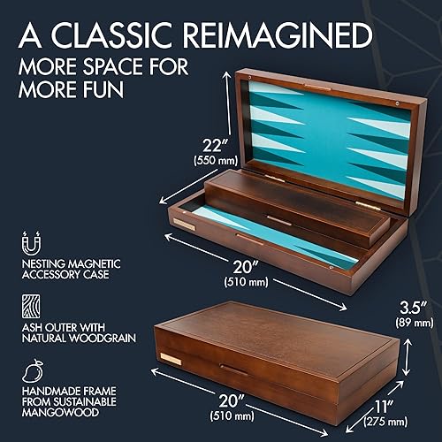 Miniatura 7 de Juego de backgammon grande de 20 pulgadas para adultos, tablero de backgammon verde, madera maciza. Bandeja de accesorios extraíble, juego de damas