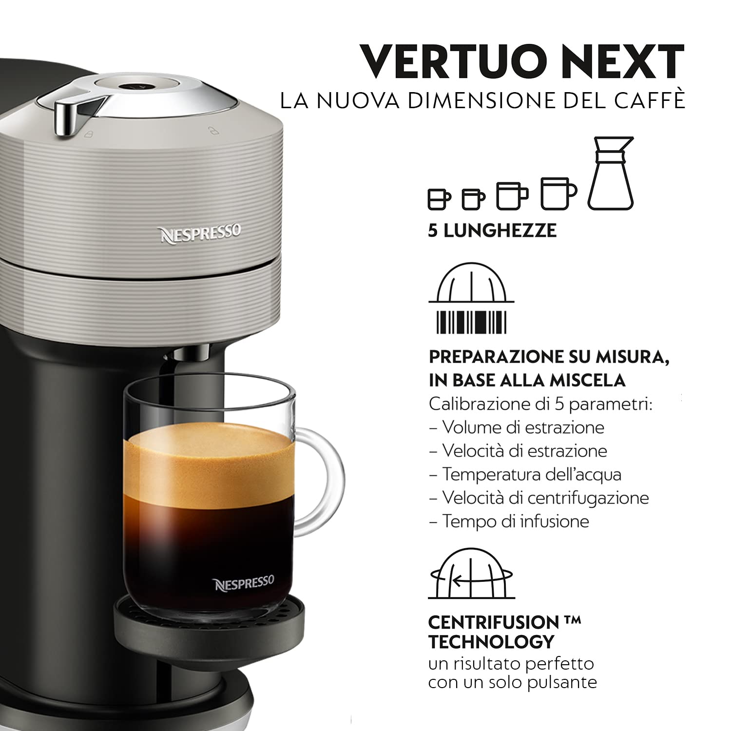 Krups XN910B Vertuo Next Nespresso, Macchina del caffé, 30 secondi di riscaldamento dell’acqua, Spegnimento Automatico, Connettività Bluetooth e Wi-Fi, Argento