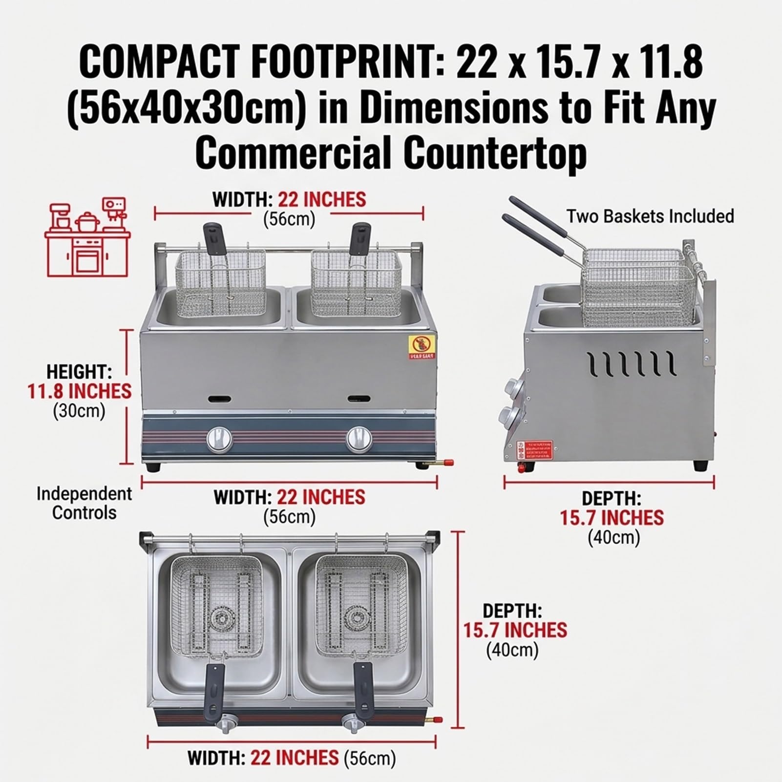 2800Pa Bassa Pressione/Friggitrice a Gas 16L/Acciaio Inox 304/Doppia Vasca Professionale per Snack Bar,Pizzerie,Ristorante,Cucina Mobile Rapida,Efficienza Gas Propano