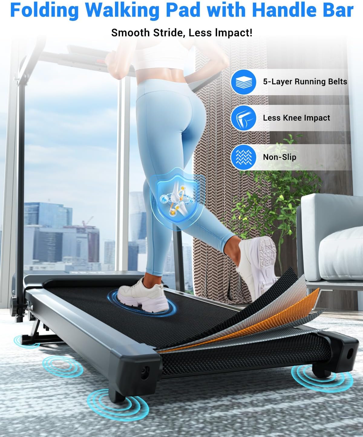 Superun Walking Pad Treadmill with Handle Bar, 300 LBS Capacity Treadmills for Home, 3.0HP Portable Under Desk Treadmill for Home Office with LED Display Remote APP Control