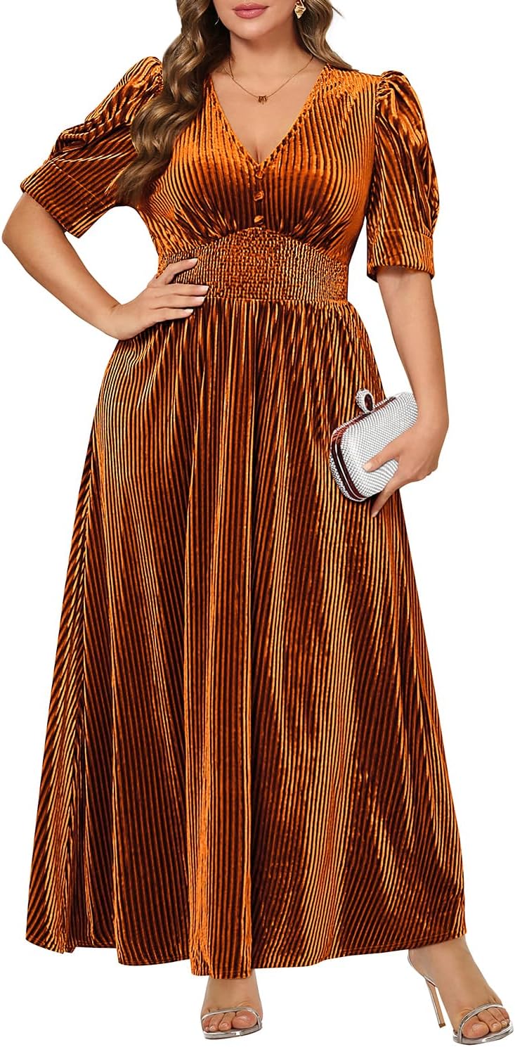 Pinup Fashion Velvet Wedding Guest Dress - Fall Formal Holiday V Neck Empire Waist Long Dresses