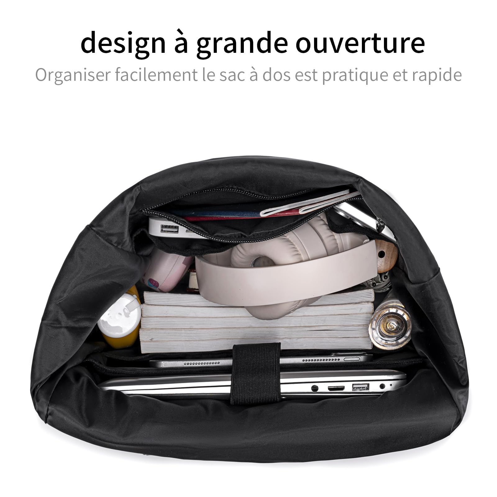 Sac à Dos Roll top Femme Ordinateur Noir Grand Sac a Dos Homme et Femme Travail Extensible Sac a Dos PC Ordinateur Portable Bagage à main 17.3 Pouces pour Randonnée Voyage Cyclisme Universit
