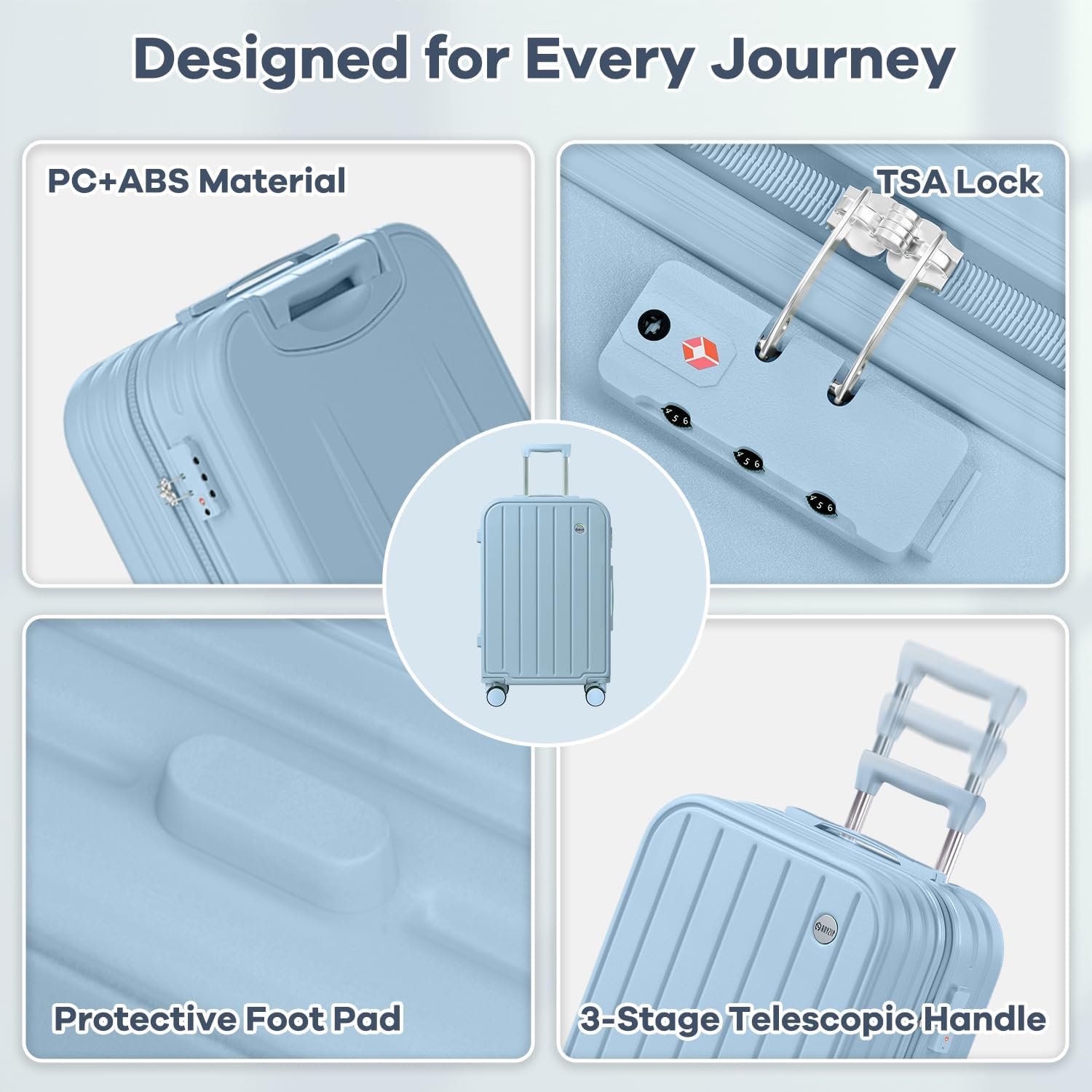 AnyZip Suitcases, Checked Luggage with TSA Lock, 24 Inch PC ABS Hard Shell Mediume Luggage for Women and Kids (Lightblue)