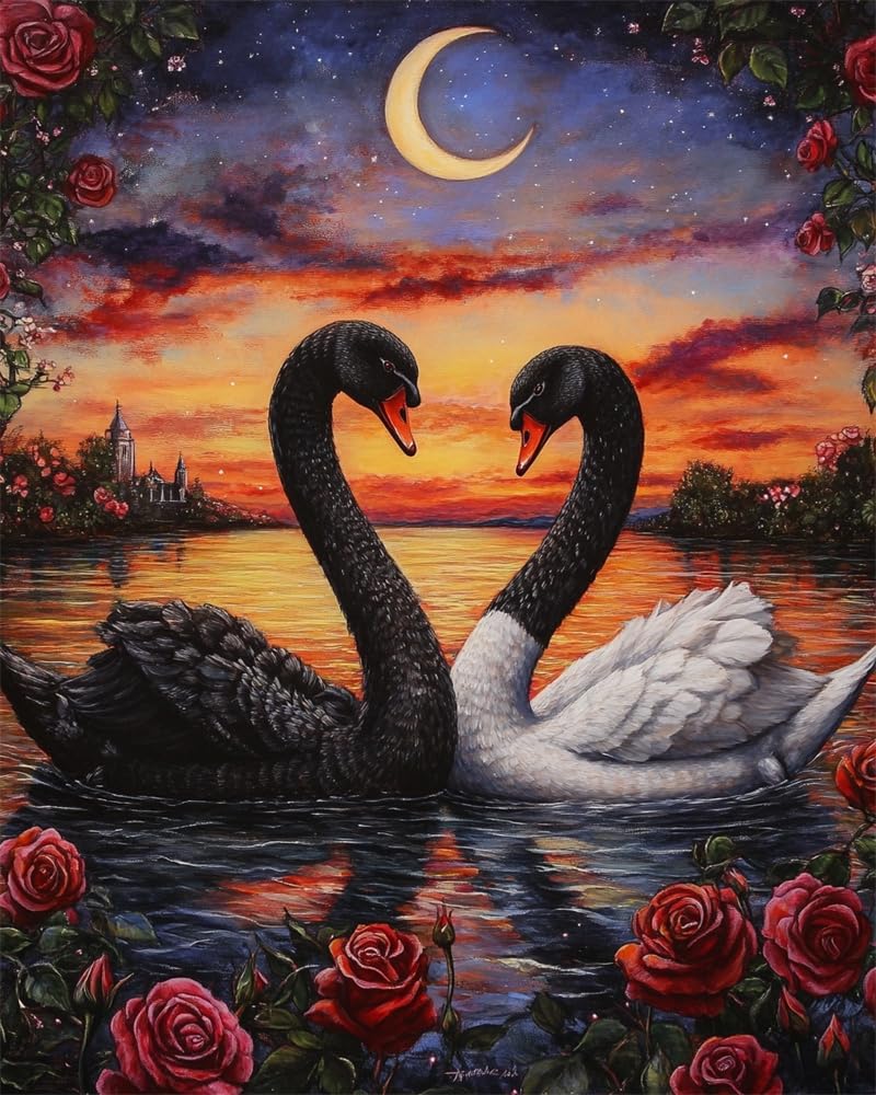 Henypt Stamped Cross Stitch Kits - Two Black Swans Colorful Printed Easy Pattern Needlepoint Kits Embroidery Crafts for Adults Beginners Gift
