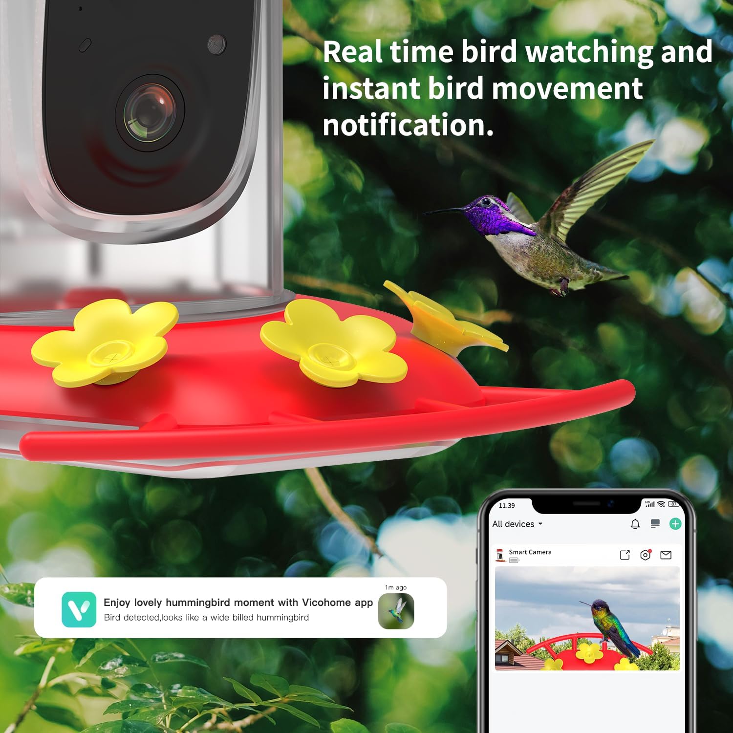 Hummingbird Feeder with Camera - Solar-Powered, Vicohome 2K HD Camera & AI Bird Identification, Built-in Ant Moat & Bee Guards, Ideal Gift for Bird Lover(with 32G Card)