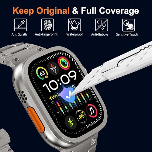 Miniatura 2 de WINGLE Paquete de 2 fundas protectoras de pantalla para Apple Watch Ultra de 1.732 pulgadas, vidrio templado 9H + marco de aleación de titanio