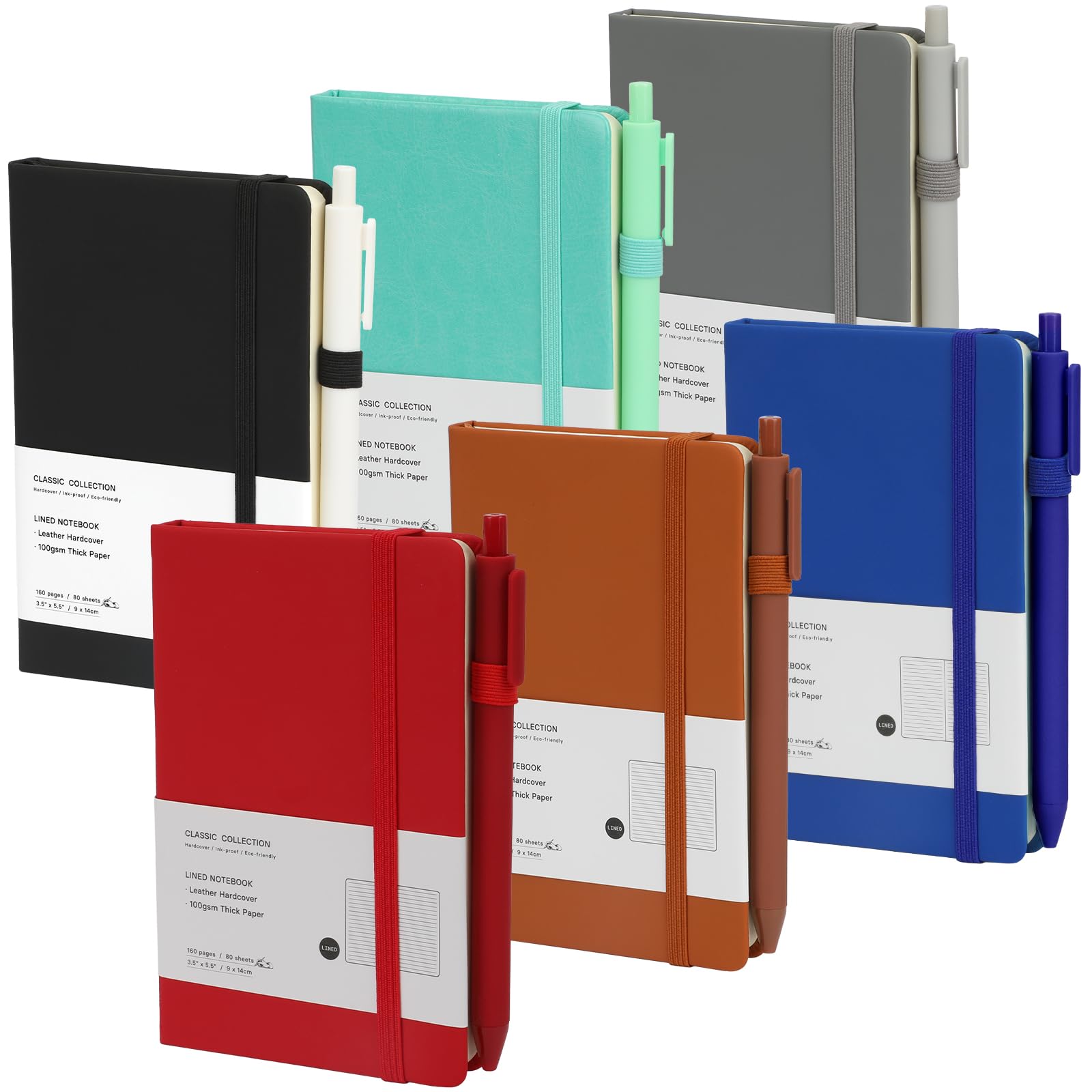 Coopay 6 Pack A6 Pocket Small Notebook with 6 Pens Bulk Classic Hardcover Leather Journal Set with Pen Holder for Men Women Writing, Office, Home,