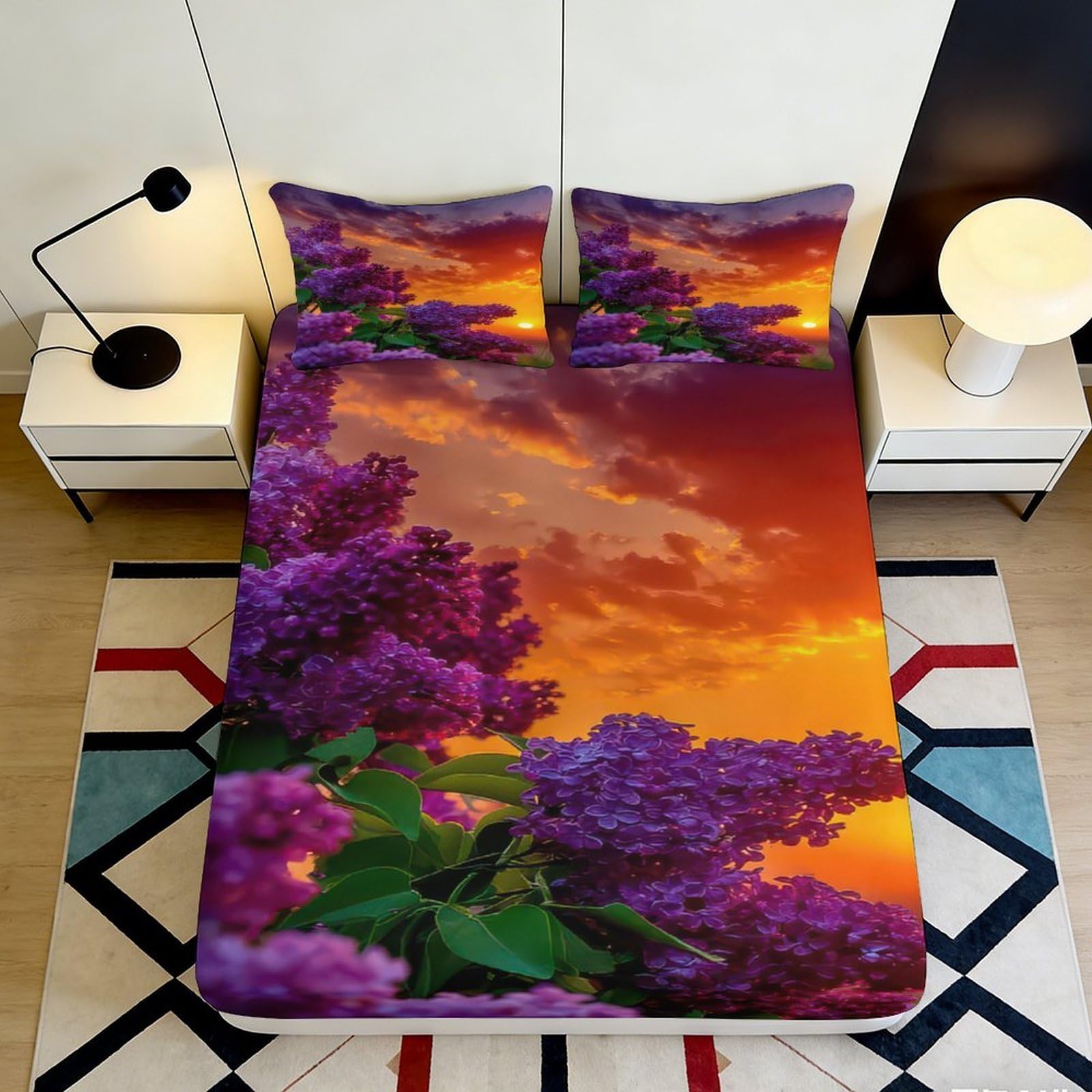 3D Printed Purple Sunset Fitted Sheet Microfiber Soft Floral Mattress Cover for Bedroom Guest Room Mattresses Decor 90x200x25cm
