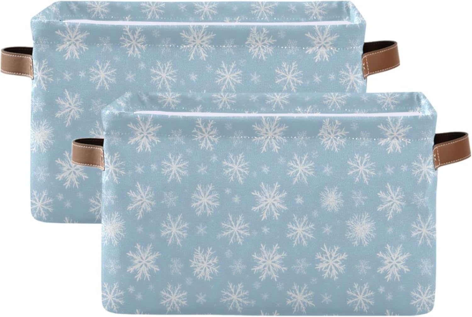MNSRUU Storage Basket Snow Flower Blue Collapsible Organizer Basket for Shelves with PU Handles, Decorative Waterproof Nursery Laundry Storage Cubes Bins, 2 Pack