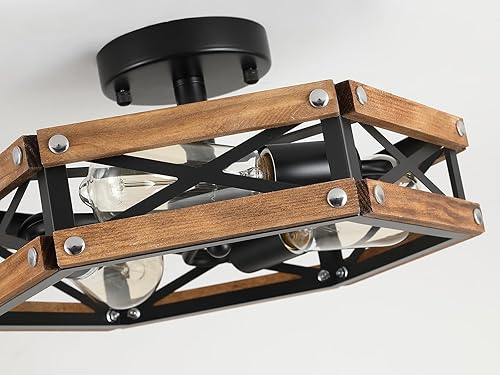 Miniatura 5 de Paquete de 2 lámparas de techo de 3 luces rústicas de madera de granja empotradas de madera de roble y jaula de metal, lámpara de techo