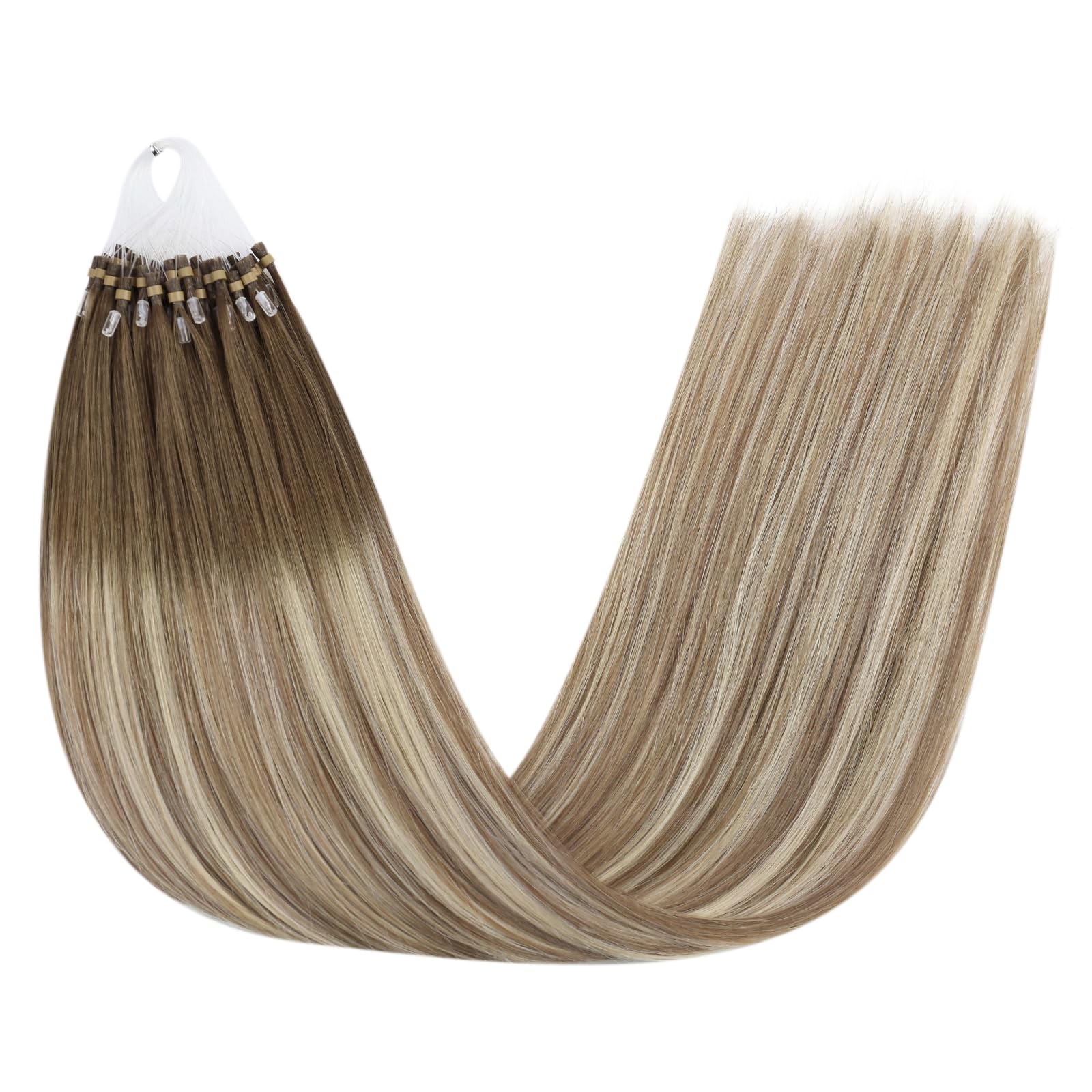 Easyouth Balayage Micro Ring Hair Extensions Ombre Human Hair Micro Beads Hair Extensions Real Human Hair Dark Brown to Light Brown and Medium Blonde Micro Link Human Hair Extensions 16 Inch 50g/50s — view 9