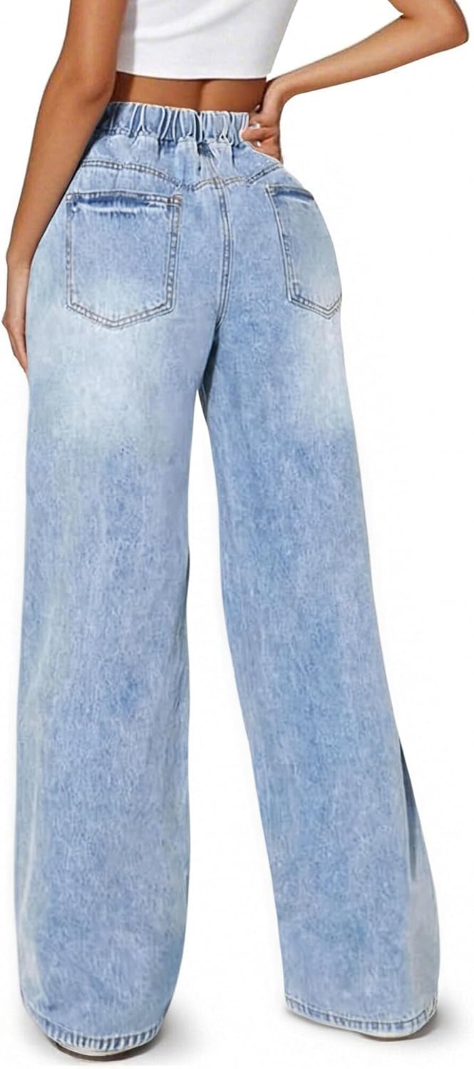 BMSTAY Women's High Waisted Wide Leg Jeans Drawstring Loose Fit Elastic Waist Straight Leg Sweatpant Denim Pants 2025 Trendy - Image 3