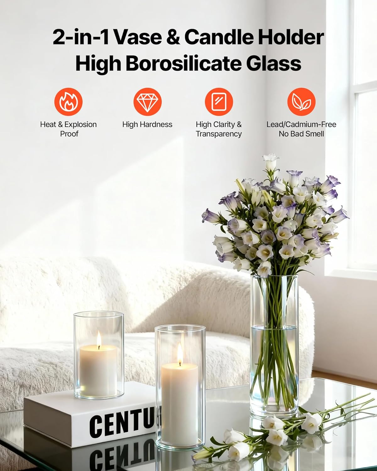 VEVOR Pillar Candles and Glass Vases Set 24 Pcs, Clear Cylinder Hurricane Candle Holders for Wedding Centerpieces, Tall Vase for Table Decor, Wedding Party, Thanksgiving,White (2.56" x 4.7",5.9",7.9") - Image 3