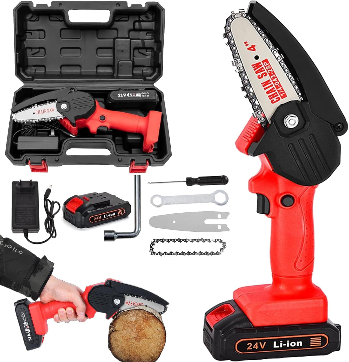 Wood Ranger Mini Chainsaw and included accessories in a carrying case