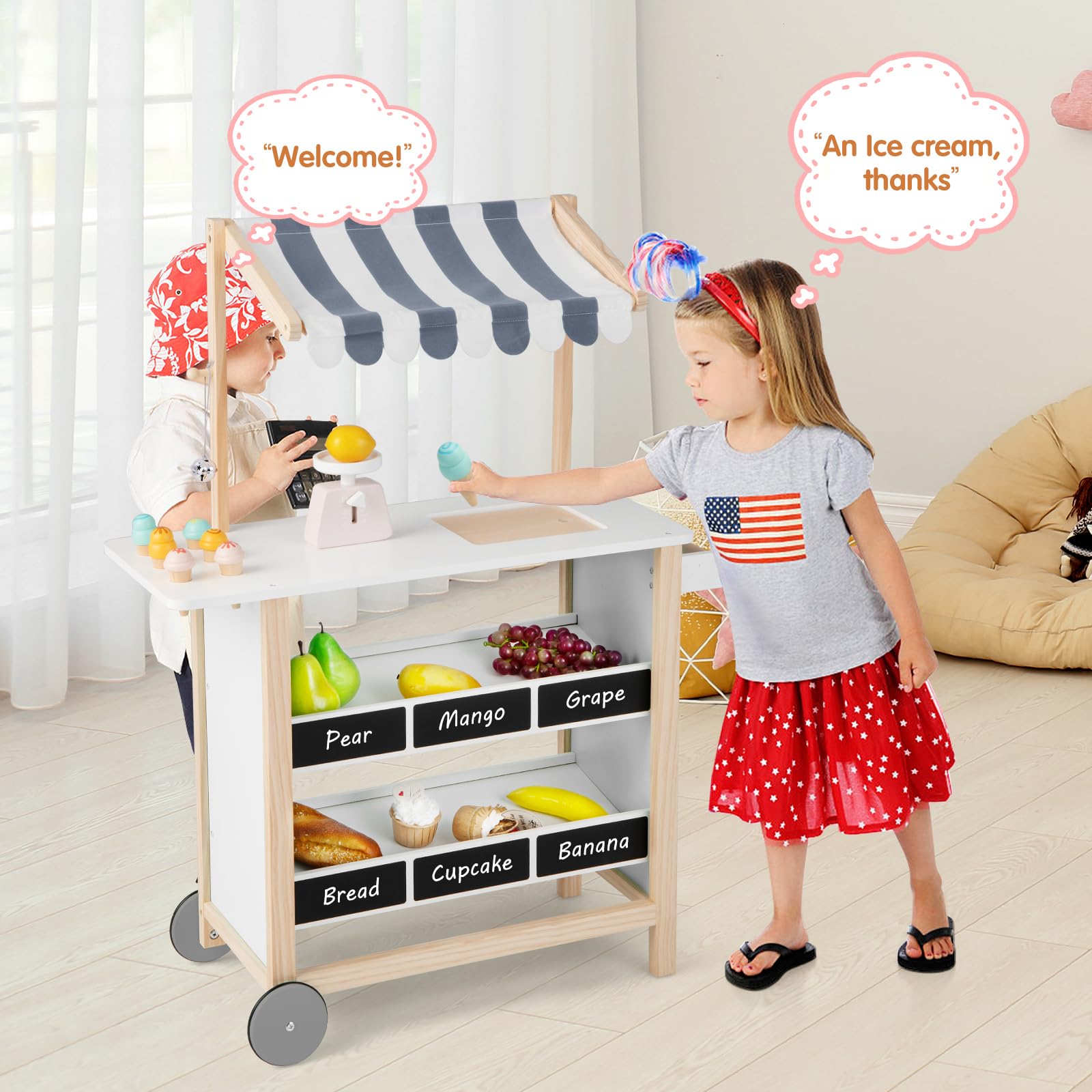 HOMASIS Chariot à Glace pour Enfants avec Accessoires, Magasin de 6 Jouets, Crème Glacée, Roues Mobiles et Auvent, Chariot de Courses en Bois, Maison de Poupée, Kit de Jeu pour 3 Ans et+ (Blanc)