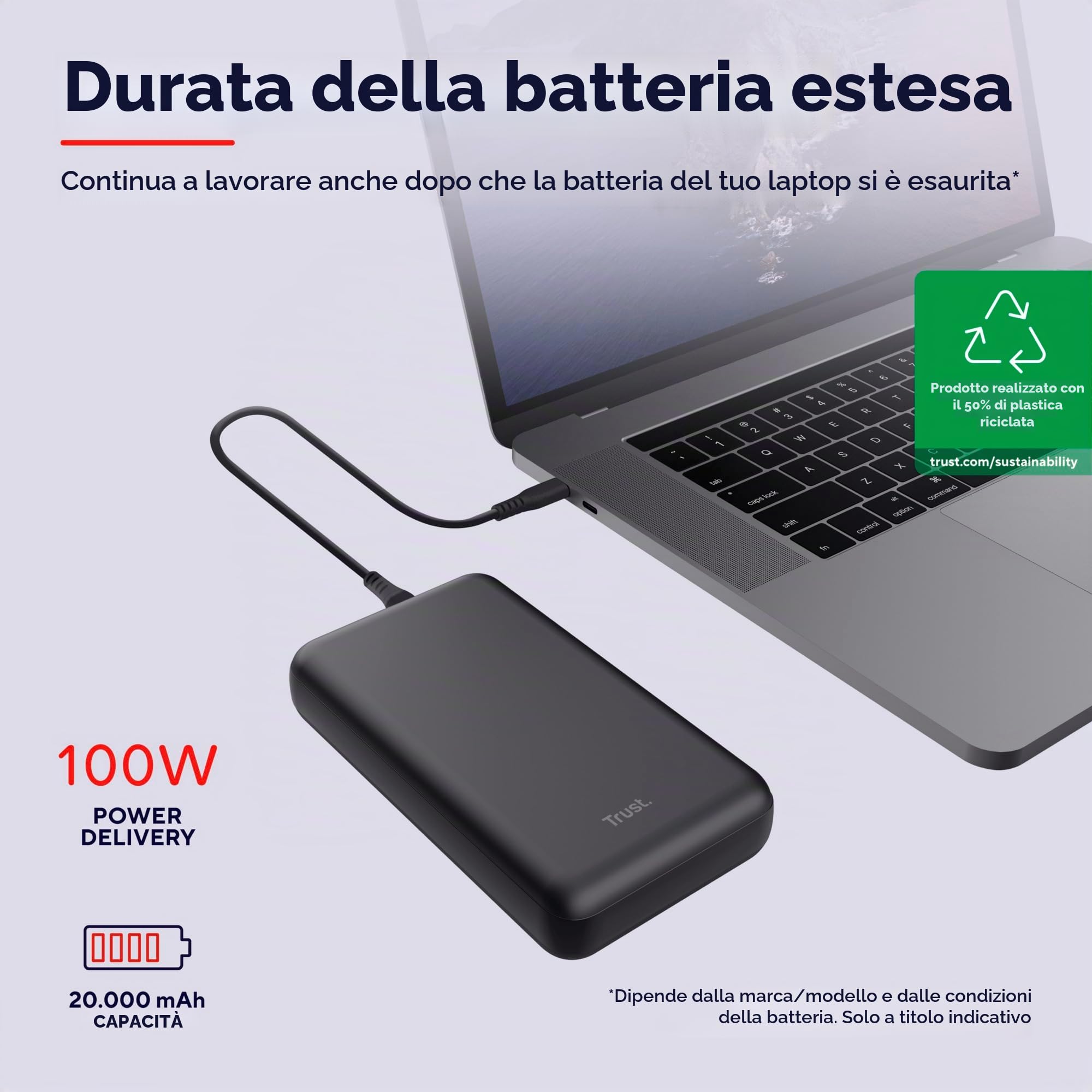 Trust Laro Power Bank 100W per Laptop Ricarica Rapida, Powerbank 20000mAh 2x USB-C 1x USB-A, Caricatore Portatile, Batteria Esterna Power Station Macbook iPad iPhone Steam Deck Dell Asus HP