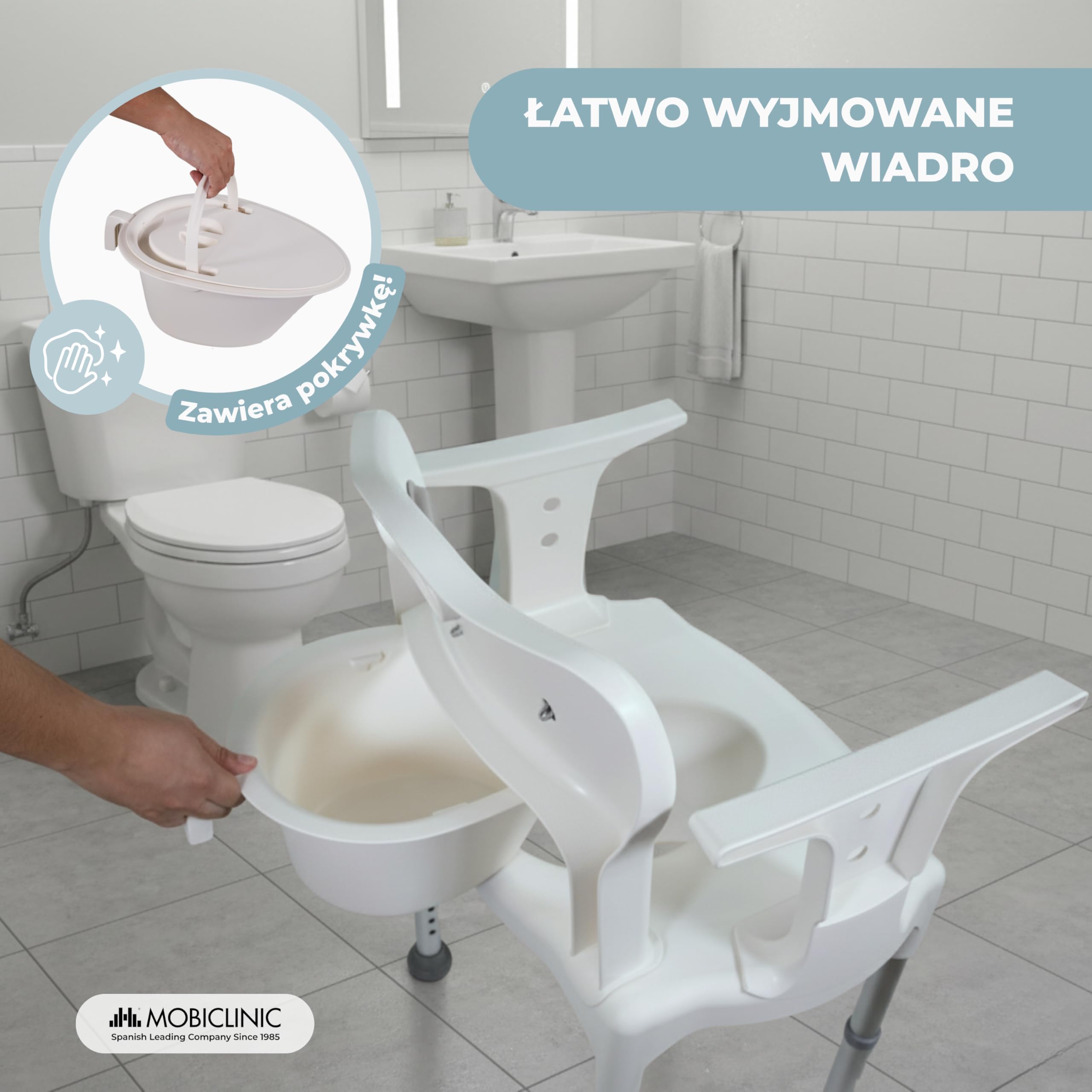 Mobiclinic®, Krzesło Toaletowe, do Kąpieli i pod Prysznic, 3 w 1, 6-stopniowa Regulacja Wysokości, Wyjmowany Pisuar 3,5L, Poduszki na Siedzisko i Oparcie, Antypoślizgowe Nakładki, Guido