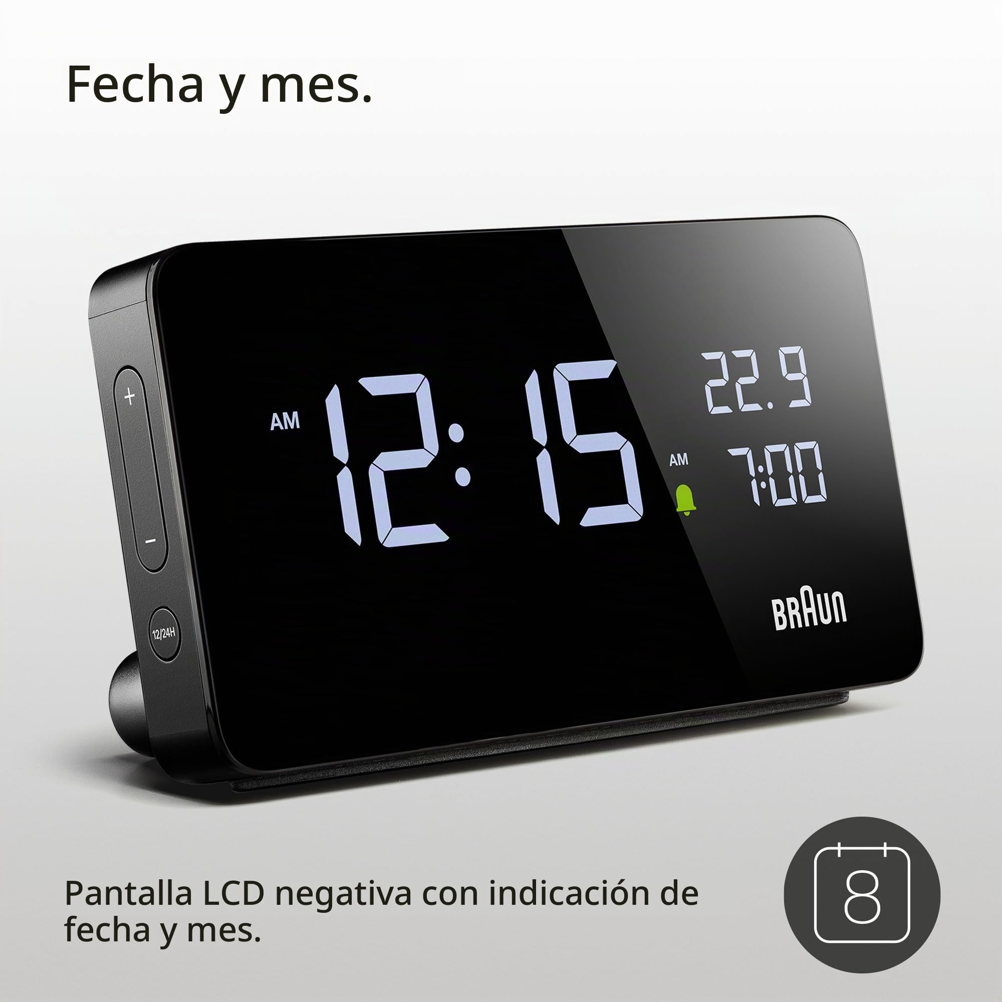 Braun Reloj Despertador Digital Pantalla LCD, 2 Puertos USB-C para Cargar Otros Dispositivos, visualización de Fecha y Hora, repetición táctil, configuración rápida, en Negro, Modelo BC20B.