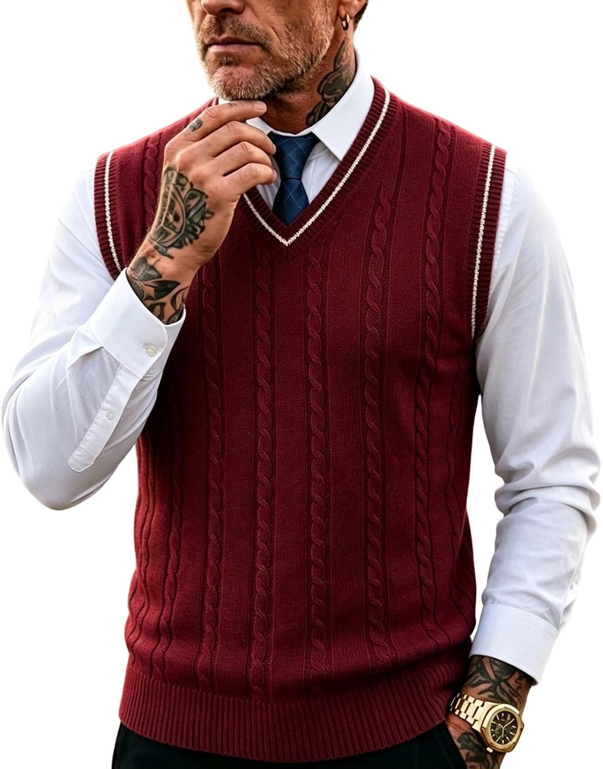 Men Sweater Vest Casual V Neck Sleeveless Cable Knit Vests
