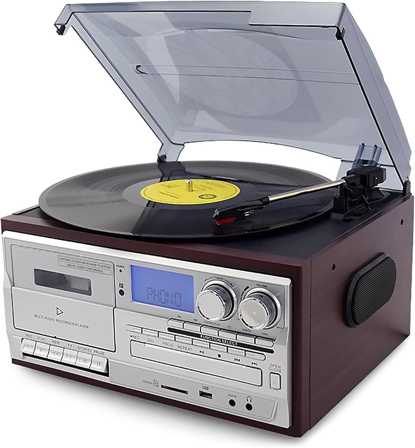 9-in-1 Bluetooth Record Player, 3-Speed Vintage Turntable with Built-in Speakers and CD Player, Supports Vinyl/CD/Cassette/Radio/USB/SD, Ideal for Streaming and Home Audio