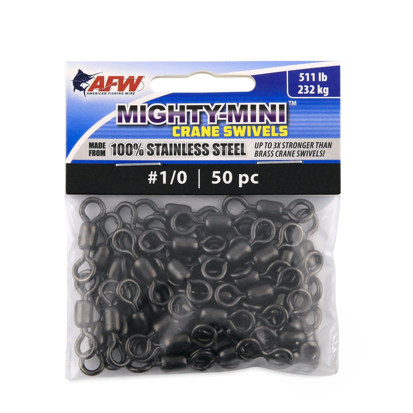 American Fishing Wire Mighty Mini Stainless Steel Crane Swivels, Size #1/0, 511 lb Test, Gunmetal Black, 50 pc
