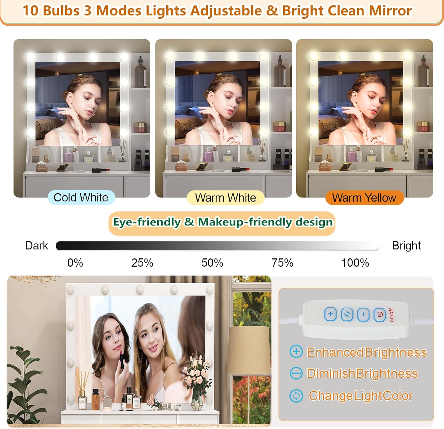 Vanity with Lights and Large Mirror, 7 Drawers 3 Modes Light Adjustable Vanity Large, White Big Makeup Desk for Bedroom, 55.1" H