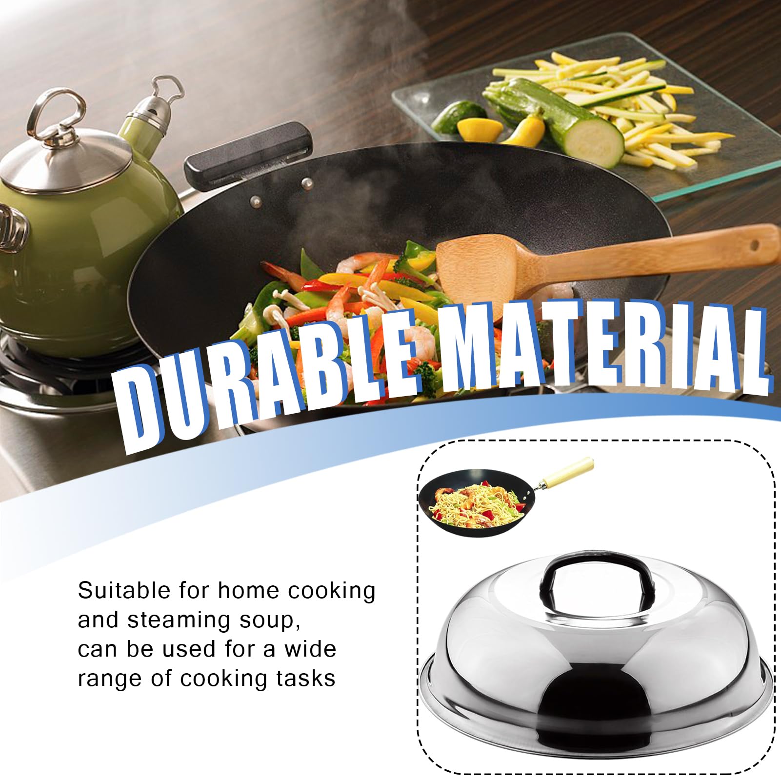 Couvercle de wok rond multifonctionnel en acier inoxydable avec poignée Couvercle Teppanyaki pour la friture, la cuisson à la vapeur et les grillades à la maison 36 cm