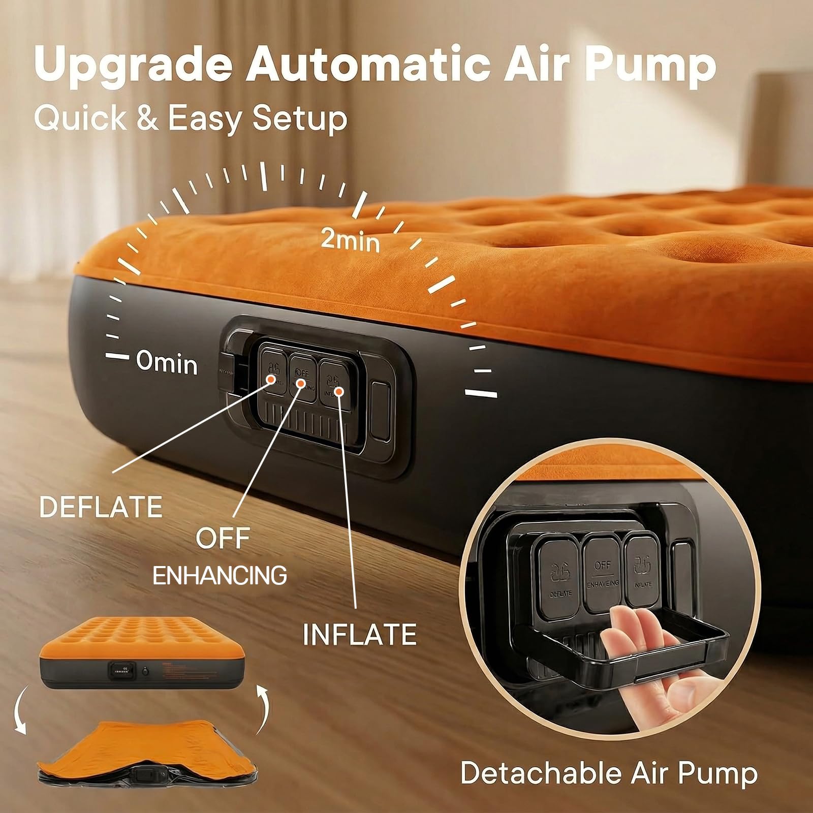 Luftmatratze Selbstaufblasend, Aufblasbare Matratze mit integrierter Pumpe Aufblasen 3 Min, Luftbett Königgröße für Heim Camping Reise | 200 x 150 x 25 cm (Orange, 200 x 150 x 25 cm)