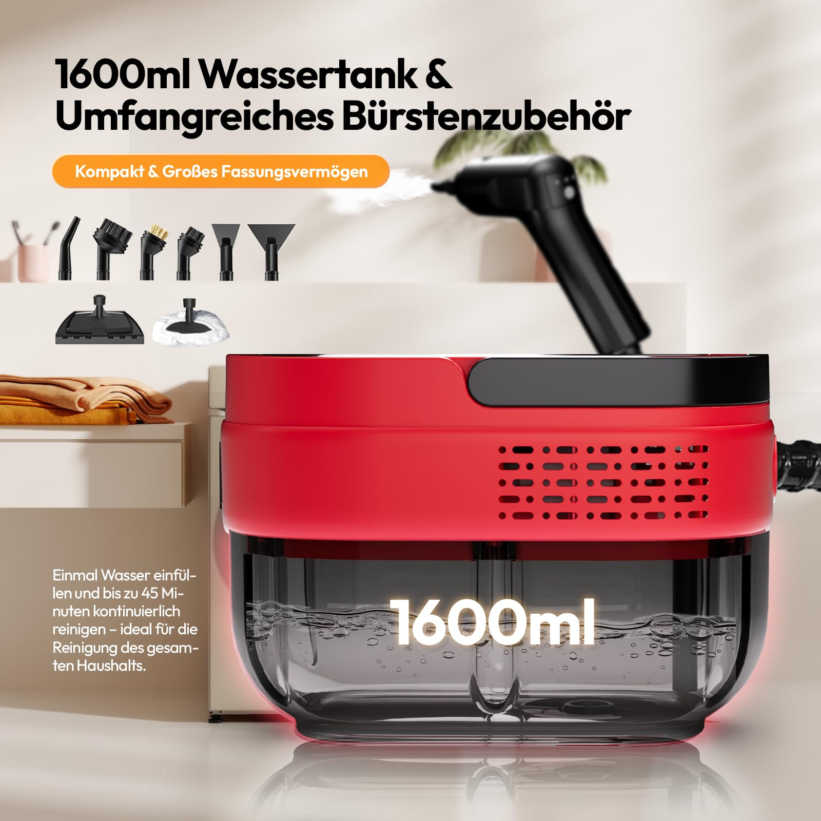 Dampfreiniger für Haushalt, 3-stufig verstellbarer Griff, 1,6L Wassertank | 15s Aufheizzeit, 3 BAR Hochdruckdampf, Steam Cleaner mit 15 Zubehörteilen, Dampfreiniger Handgerät für Küche, Boden, Bad