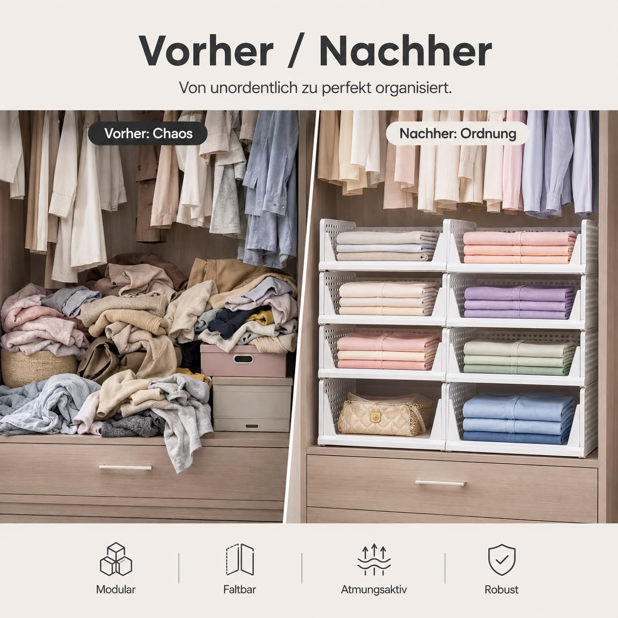 Kleiderschrank Organizer –8er Set, stapelbar, für Kleidung & Schlafzimmer