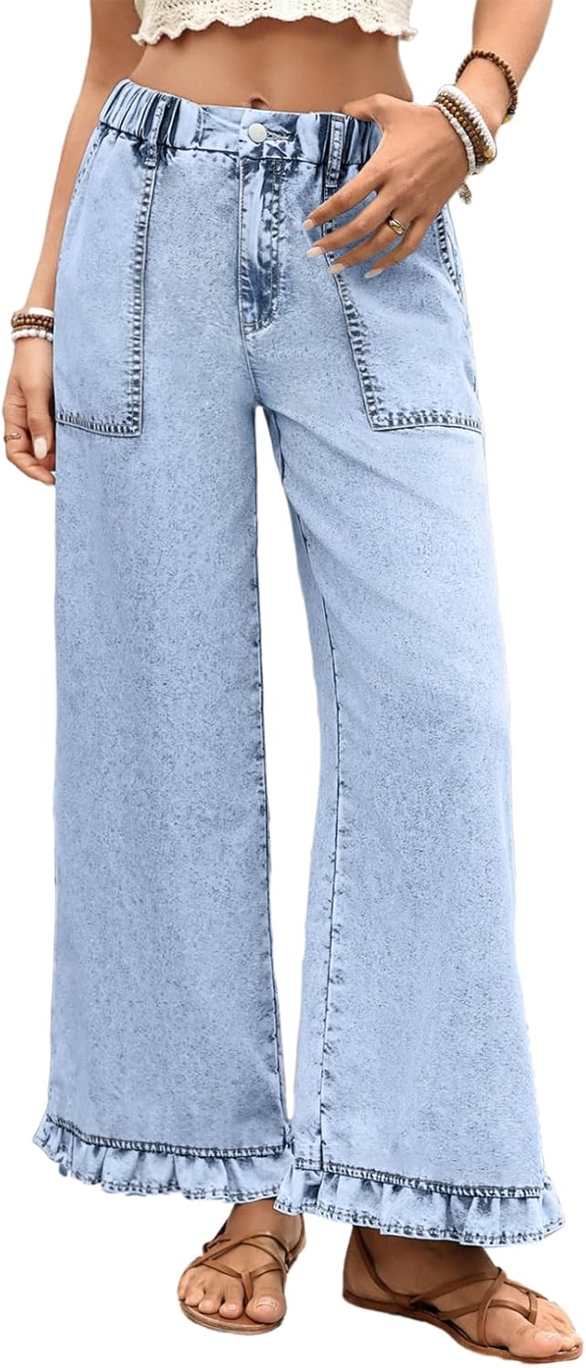 Astylish Wide Leg Jeans for Women Stretch High Wasited Baggy Trendy Denim Jean Ruffle Hem Pants
