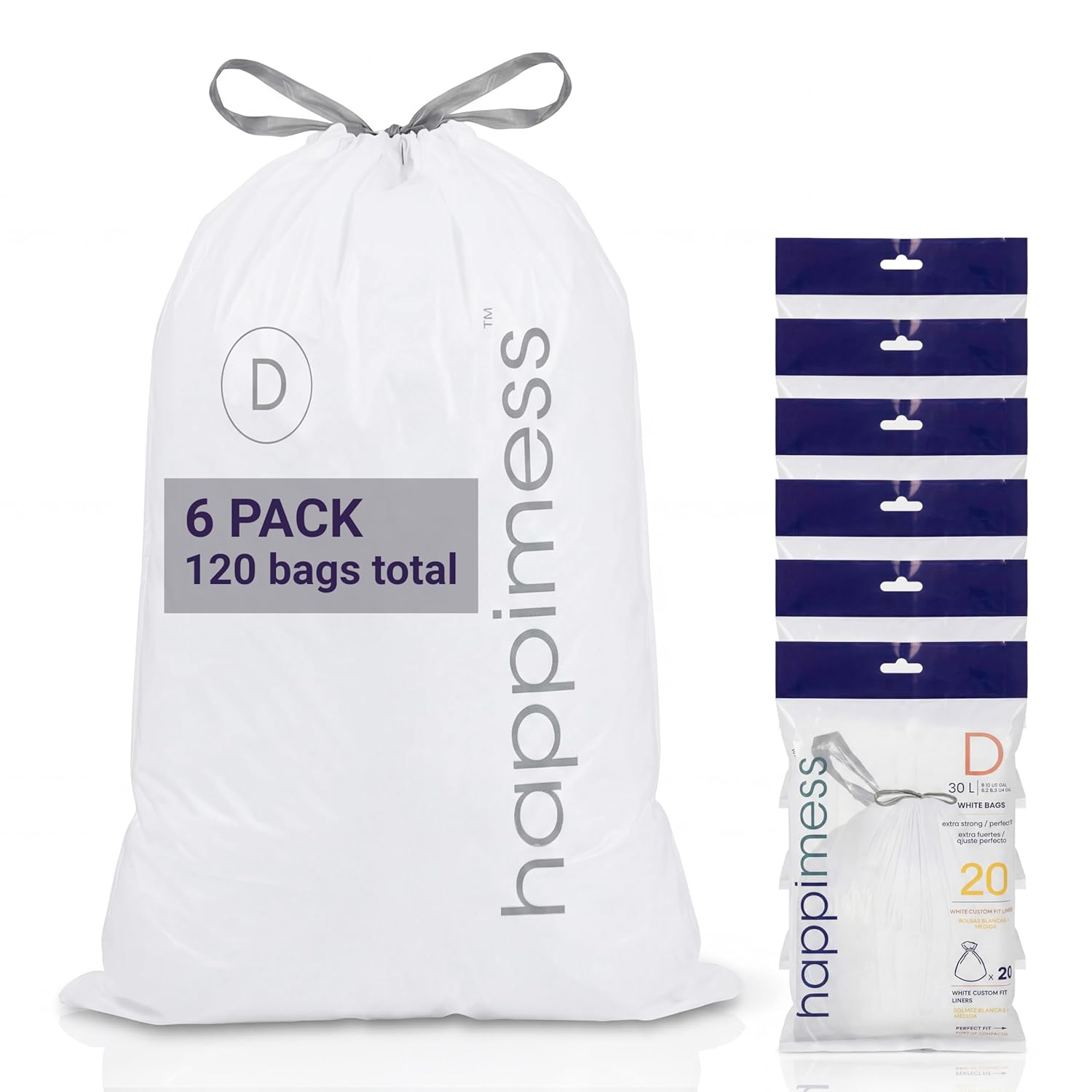 happimess 8 Gallon (30L) Drawstring Trash Bags, Slim, Unscented, White, Heavy Duty LDPE Liners for Kitchen and Household, Custom Fit 120 Count (6 Packs of 20 Liners) HPM3000D-W-6SET