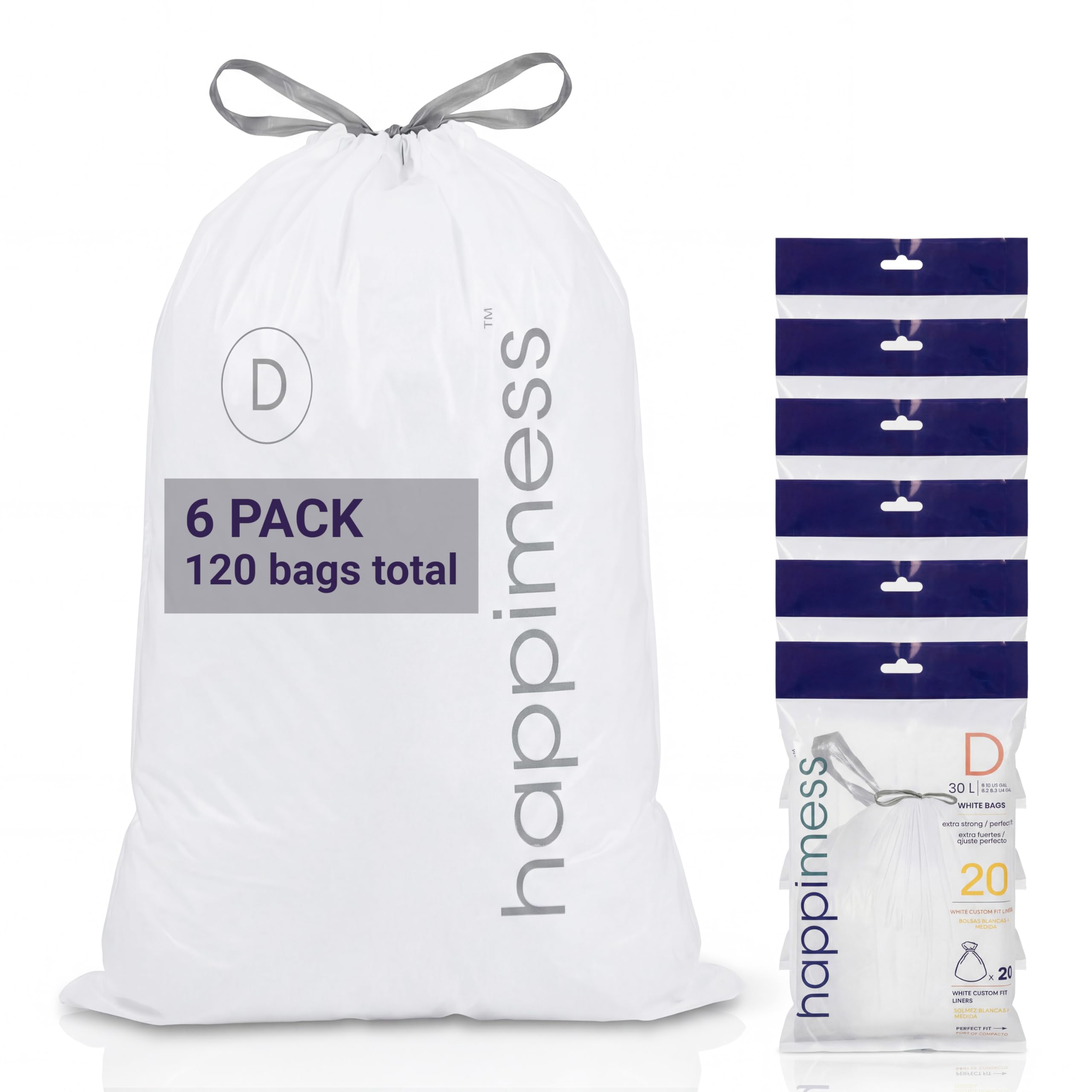 happimess Bolsas de basura con cordón de 8 galones (30 L), delgadas, sin perfume, blancas, forros de LDPE resistentes para cocina y hogar, ajuste personalizado, 120 unidades (6 paquetes de 20 forros
